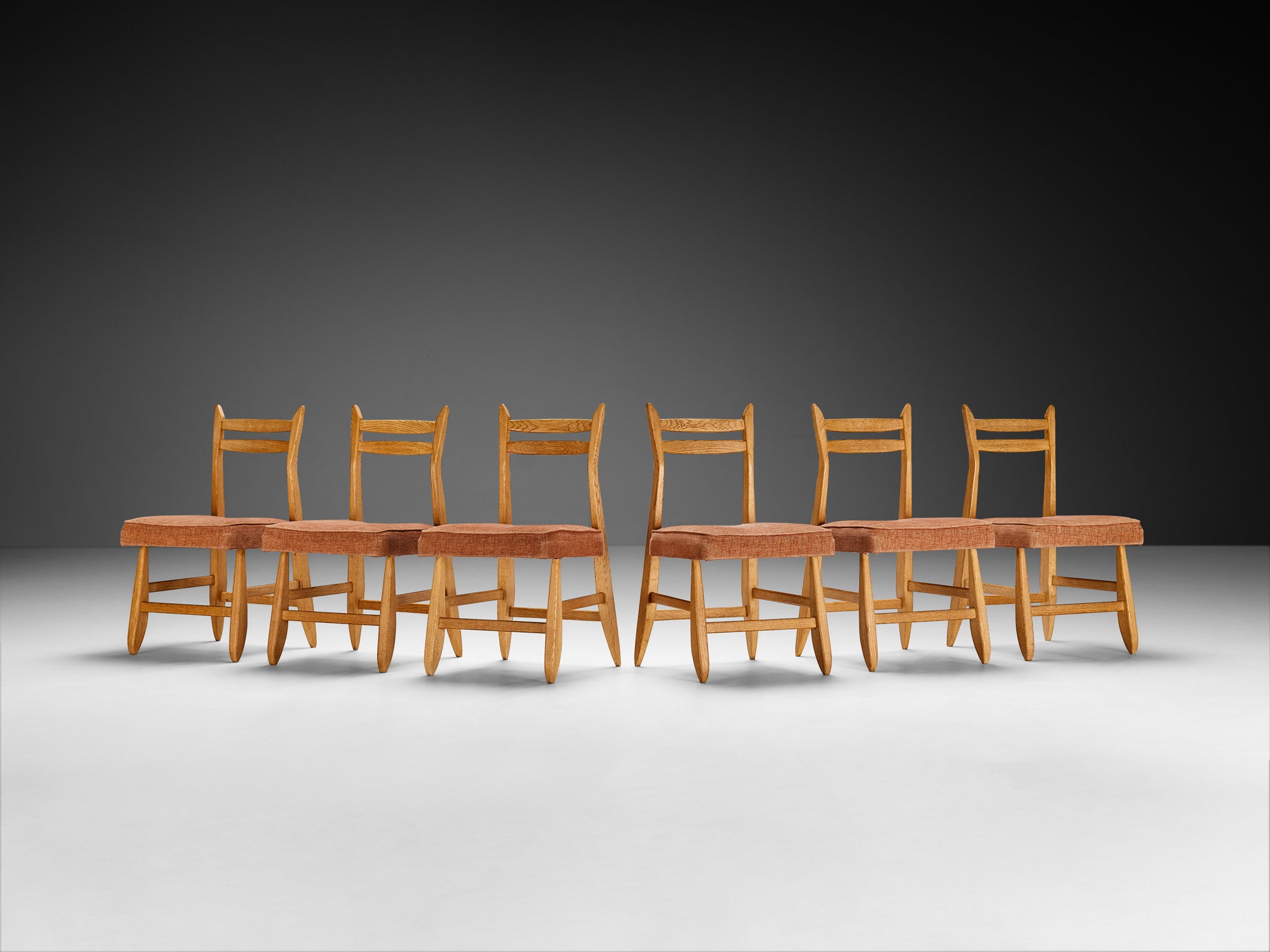 Guillerme & Chambron for Votre Maison Set of Six Dining Chairs in Oak Orange Seats Seating Morentz