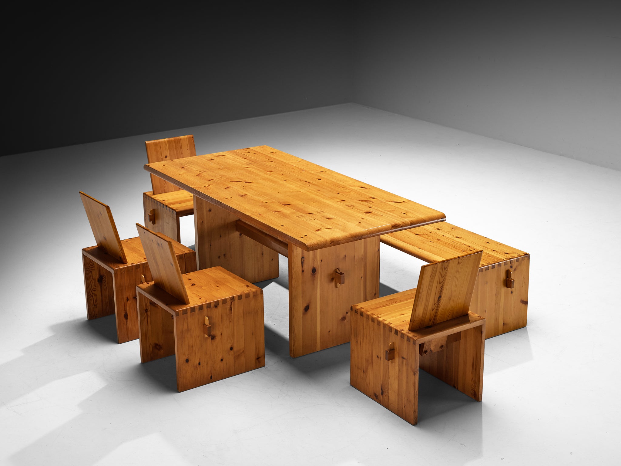 1970s Dining Set in Solid Pine with Table Chairs and Bench