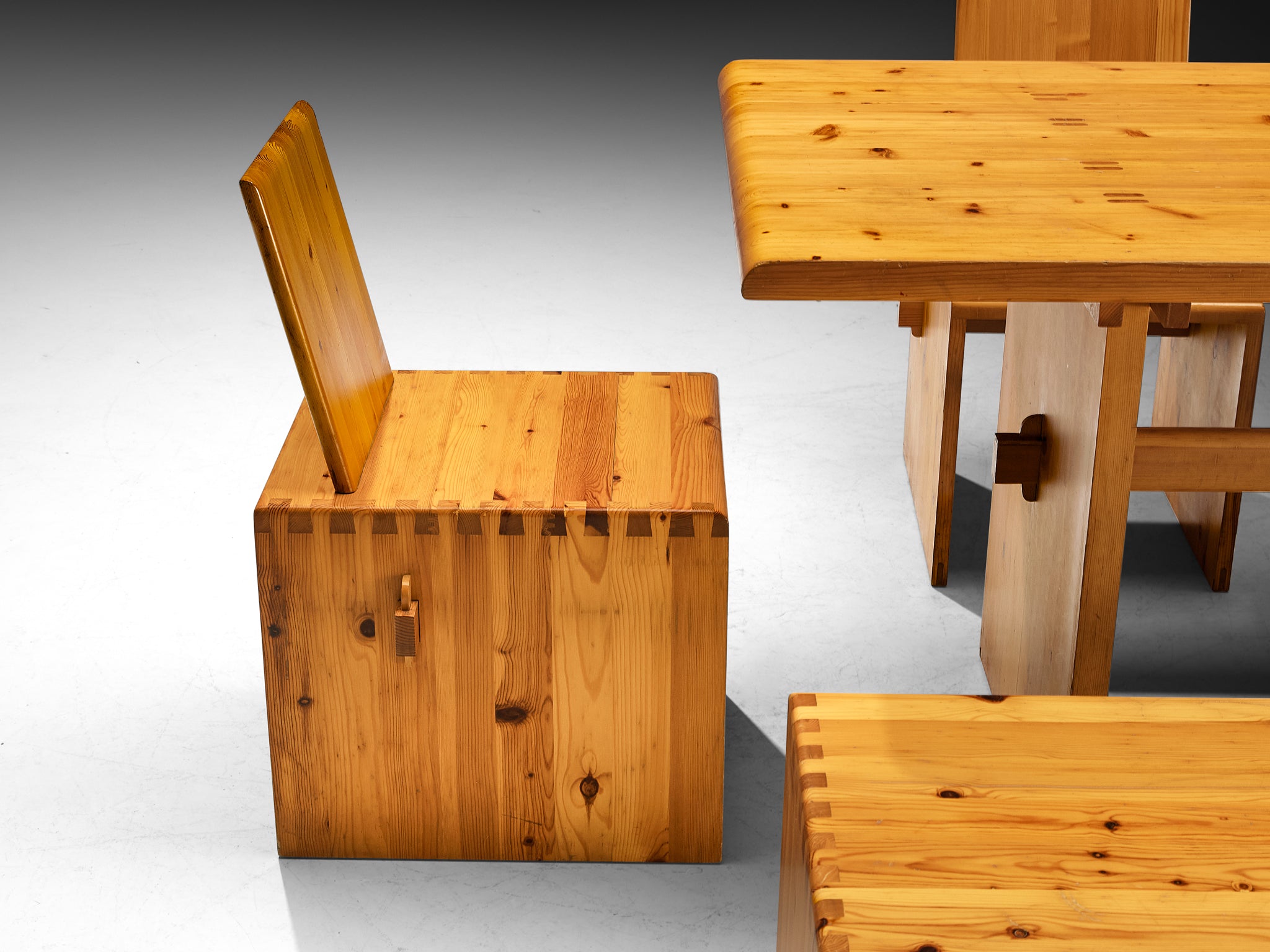 1970s Dining Set in Solid Pine with Table Chairs and Bench