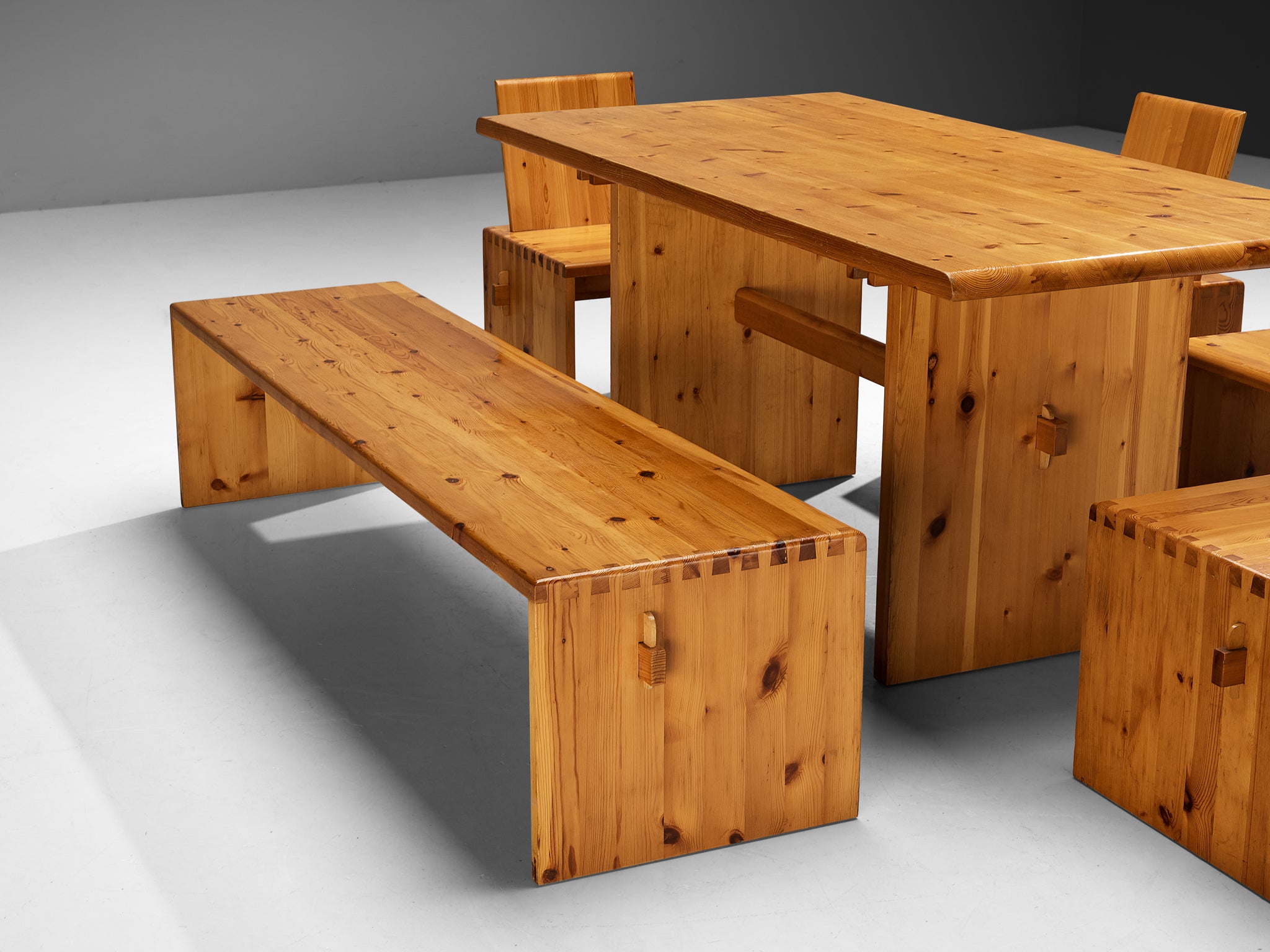 1970s Dining Set in Solid Pine with Table Chairs and Bench
