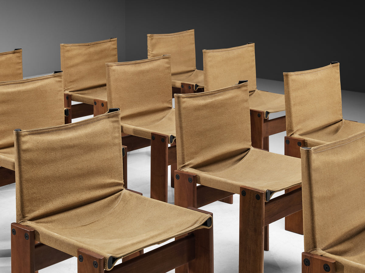 Afra & Tobia Scarpa for Molteni Rare Large Set of 14 'Monk' Chairs in Original Canvas and Walnut Seating Morentz