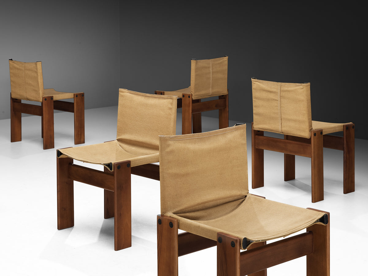 Afra & Tobia Scarpa for Molteni Rare Large Set of 14 'Monk' Chairs in Original Canvas and Walnut Seating Morentz