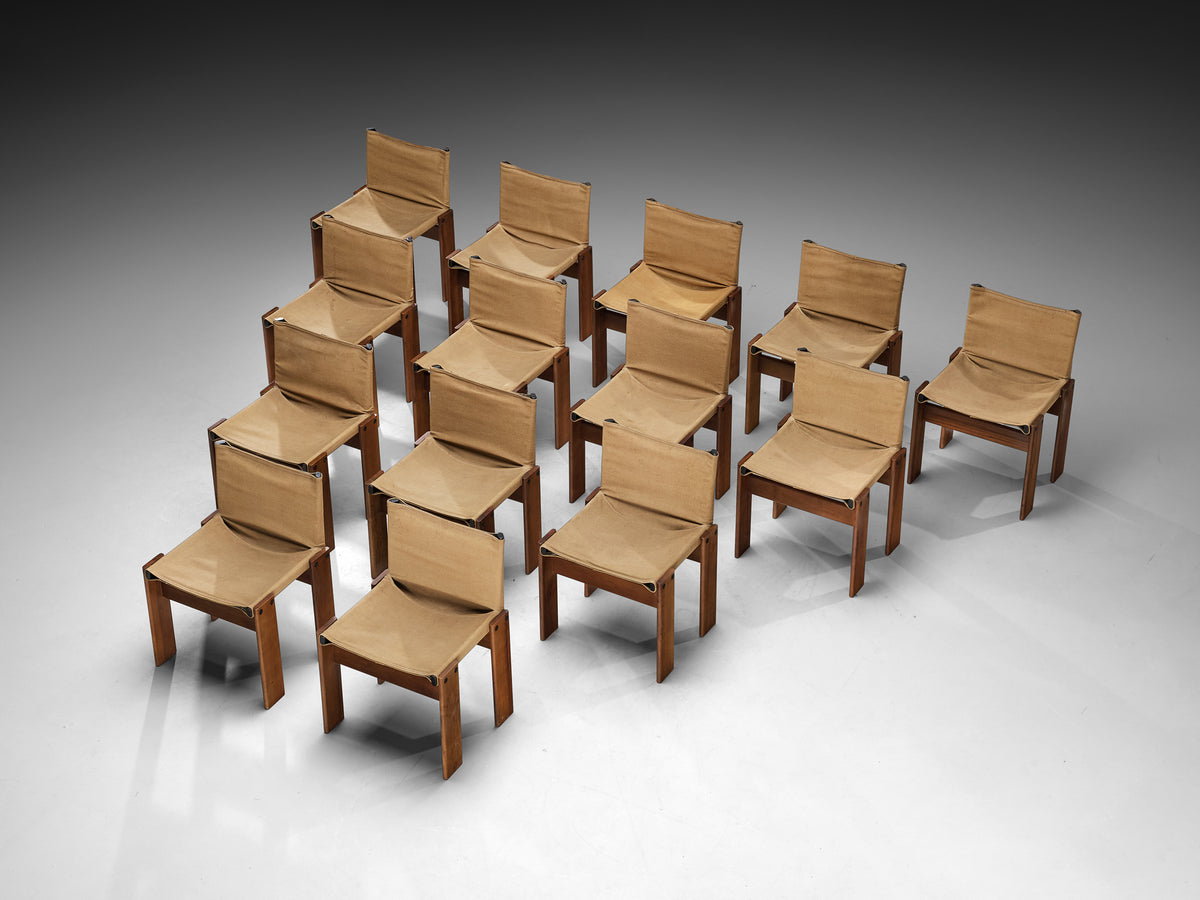 Afra & Tobia Scarpa for Molteni Rare Large Set of 14 'Monk' Chairs in Original Canvas and Walnut Seating Morentz
