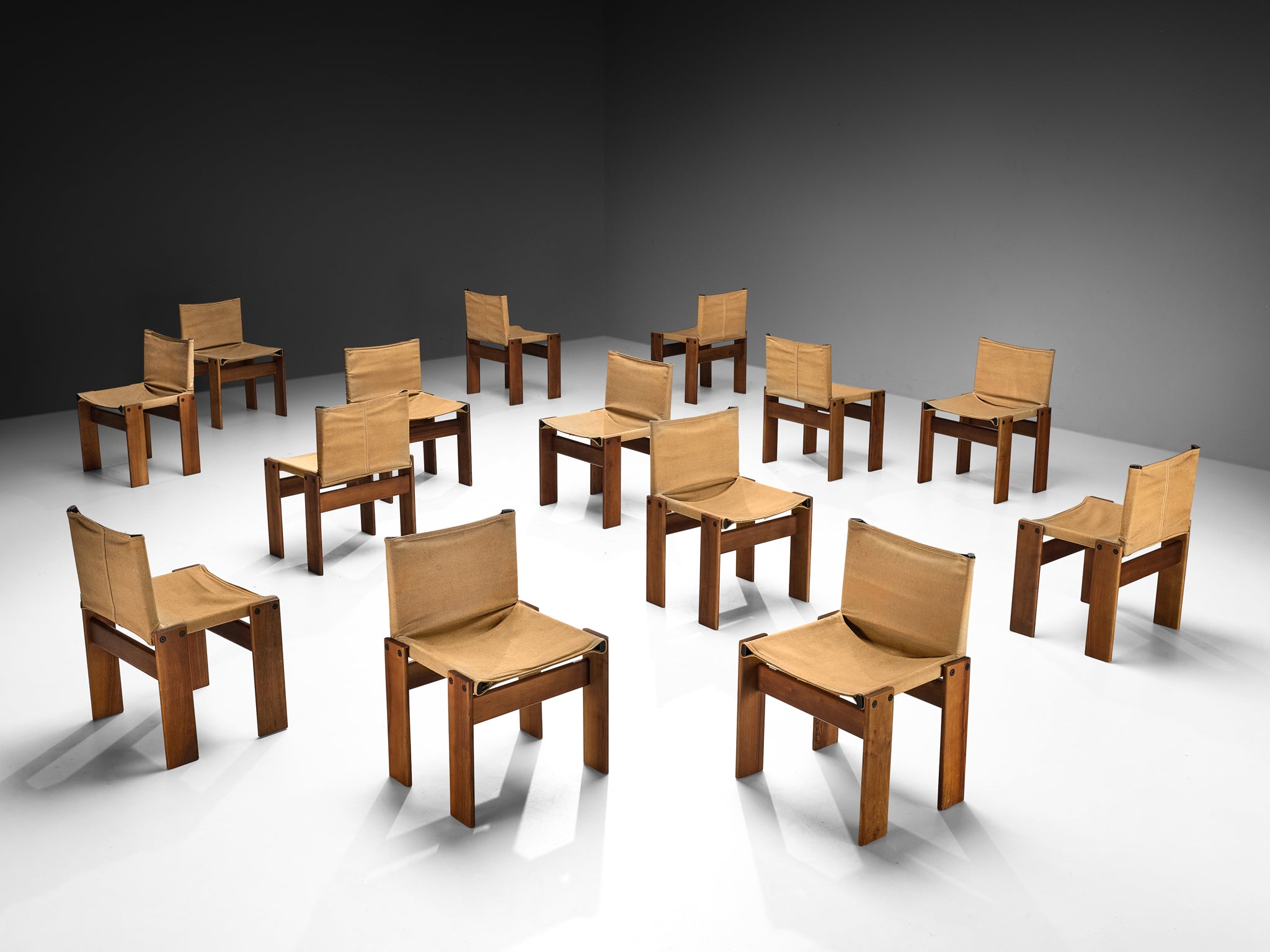 Afra & Tobia Scarpa for Molteni Rare Large Set of 14 'Monk' Chairs in Original Canvas and Walnut Seating Morentz