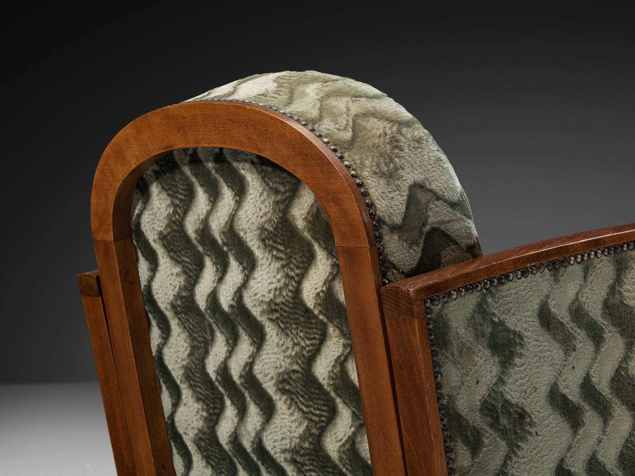 Pair of French Art Deco Armchairs in Geometric Green Fabric Seating Morentz