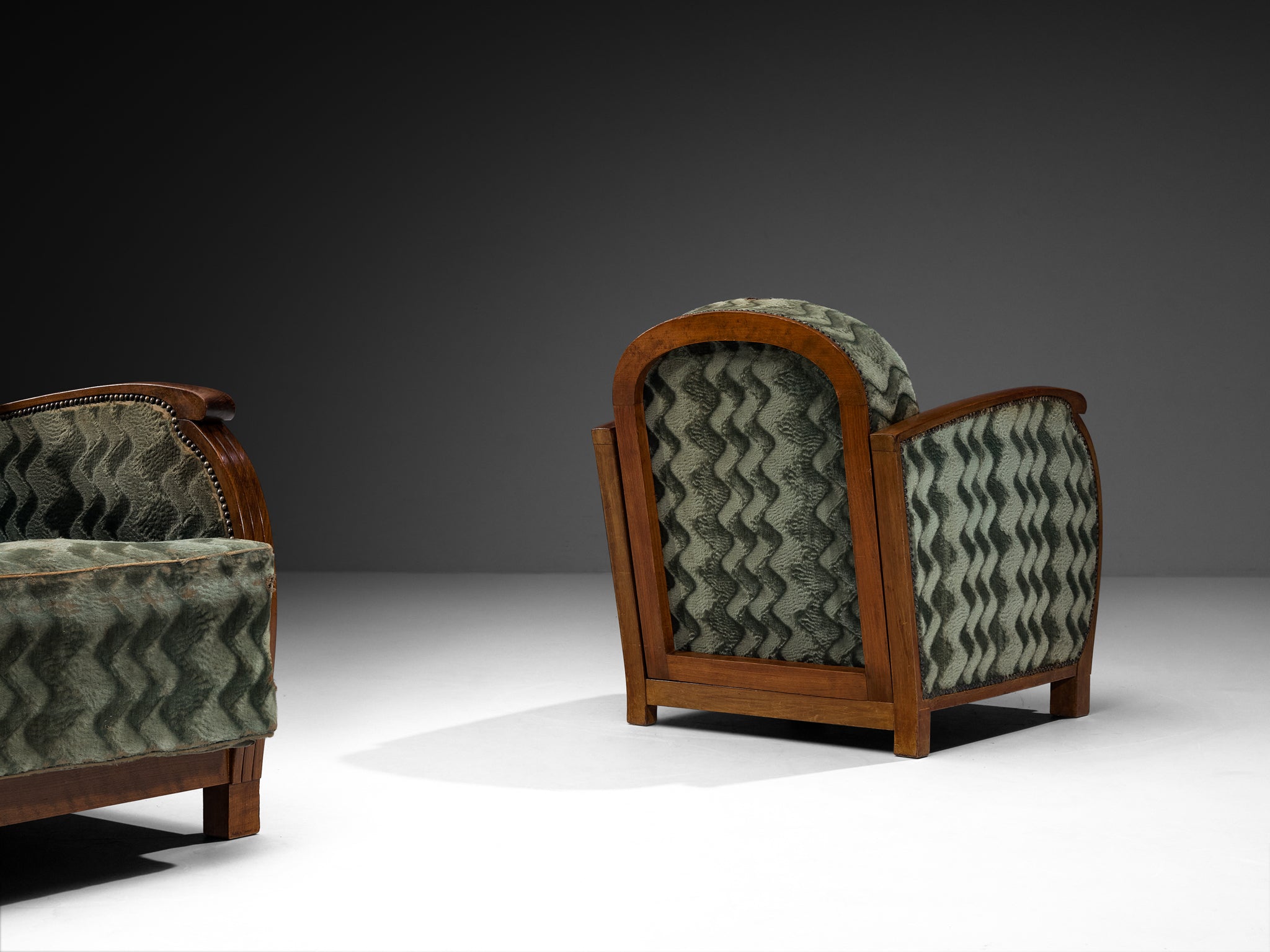 Pair of French Art Deco Armchairs in Geometric Green Fabric Seating Morentz