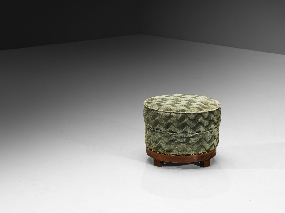 Art Deco Round Ottoman in Wood and Patterned Fabric Seating Morentz