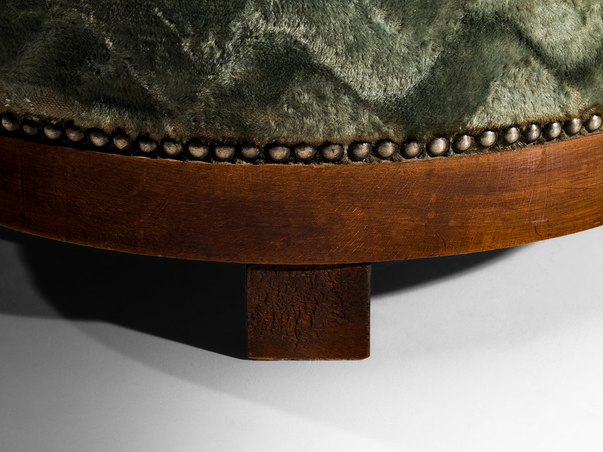 Art Deco Round Ottoman in Wood and Patterned Fabric Seating Morentz