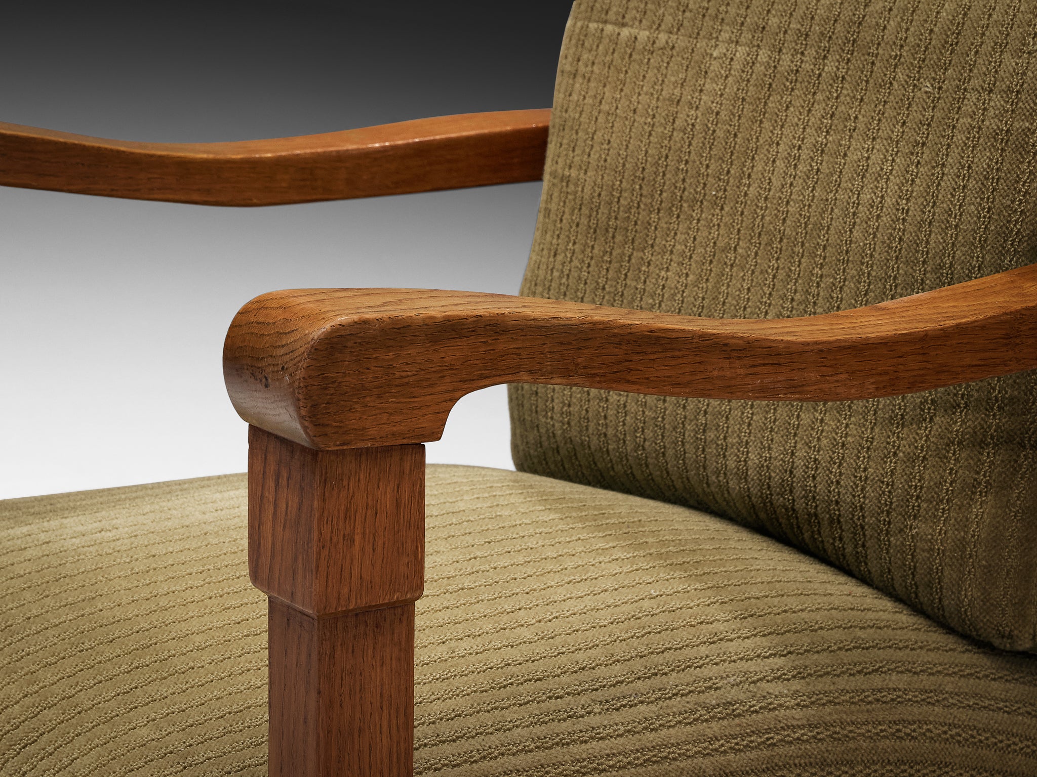Art Deco Lounge Chairs with Oak Slatted Frame and Olive Green Fabric Seating Morentz