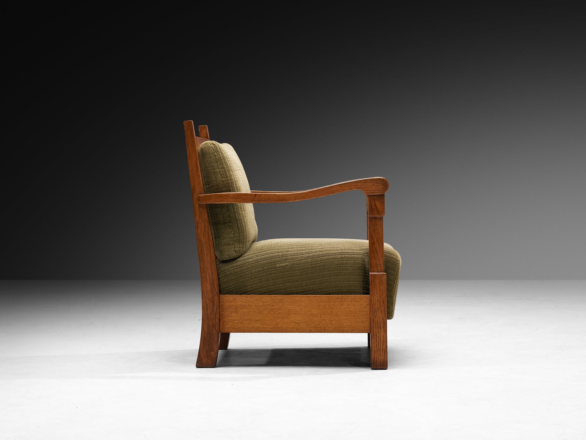 Art Deco Lounge Chairs with Oak Slatted Frame and Olive Green Fabric Seating Morentz
