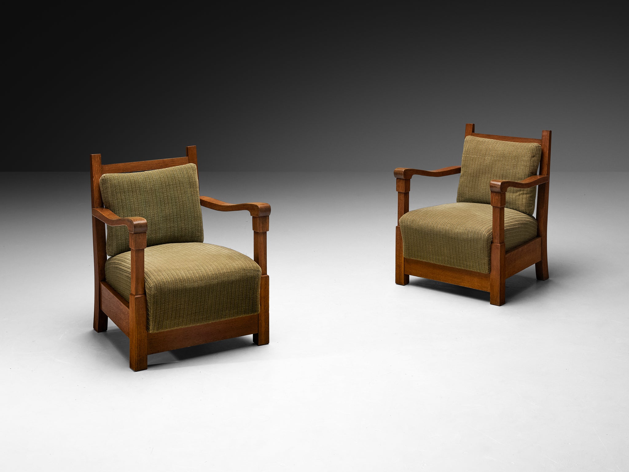 Art Deco Lounge Chairs with Oak Slatted Frame and Olive Green Fabric Seating Morentz