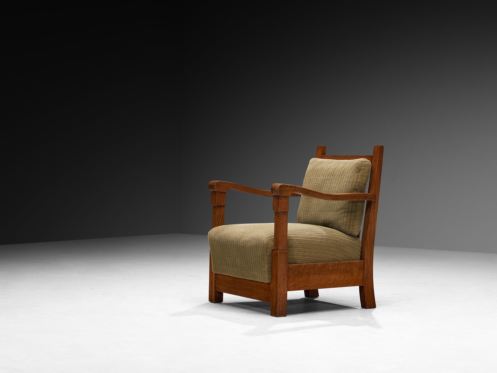Art Deco Lounge Chairs with Oak Slatted Frame and Olive Green Fabric Seating Morentz