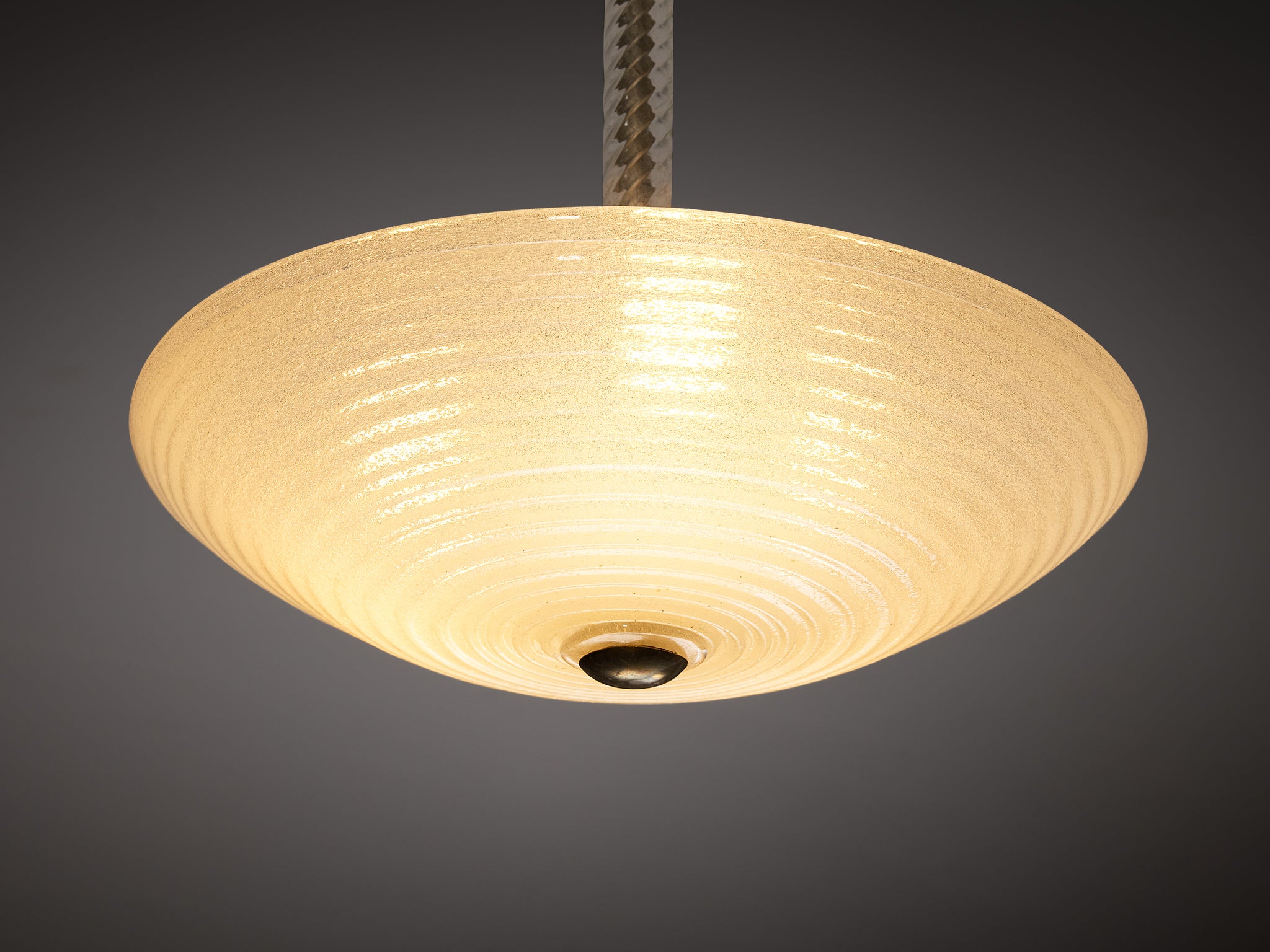 Italian Mid-Century Pendant Light in Ribbed Murano Glass and Brass Lighting Morentz