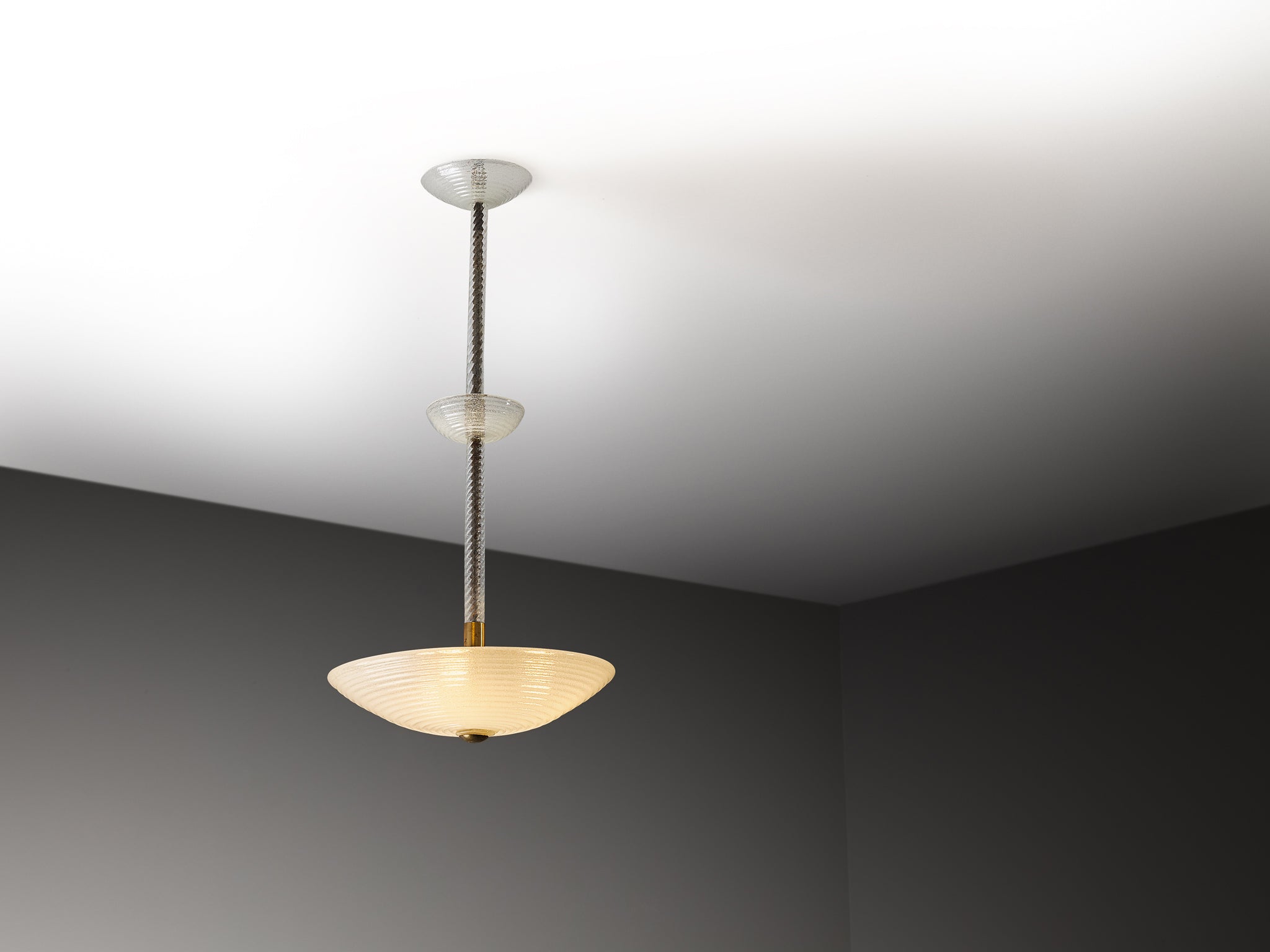 Italian Mid-Century Pendant Light in Ribbed Murano Glass and Brass Lighting Morentz