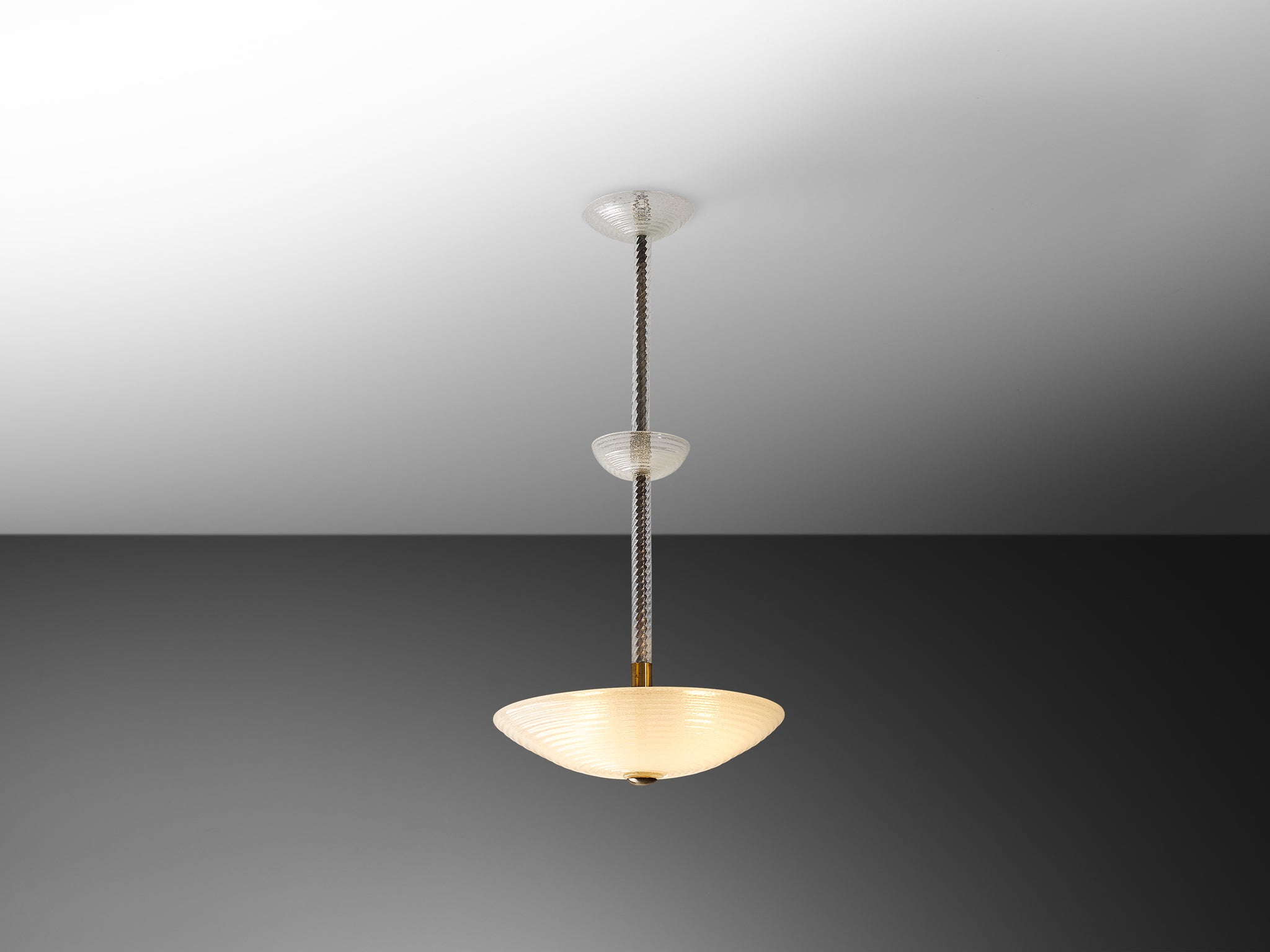 Italian Mid-Century Pendant Light in Ribbed Murano Glass and Brass Lighting Morentz