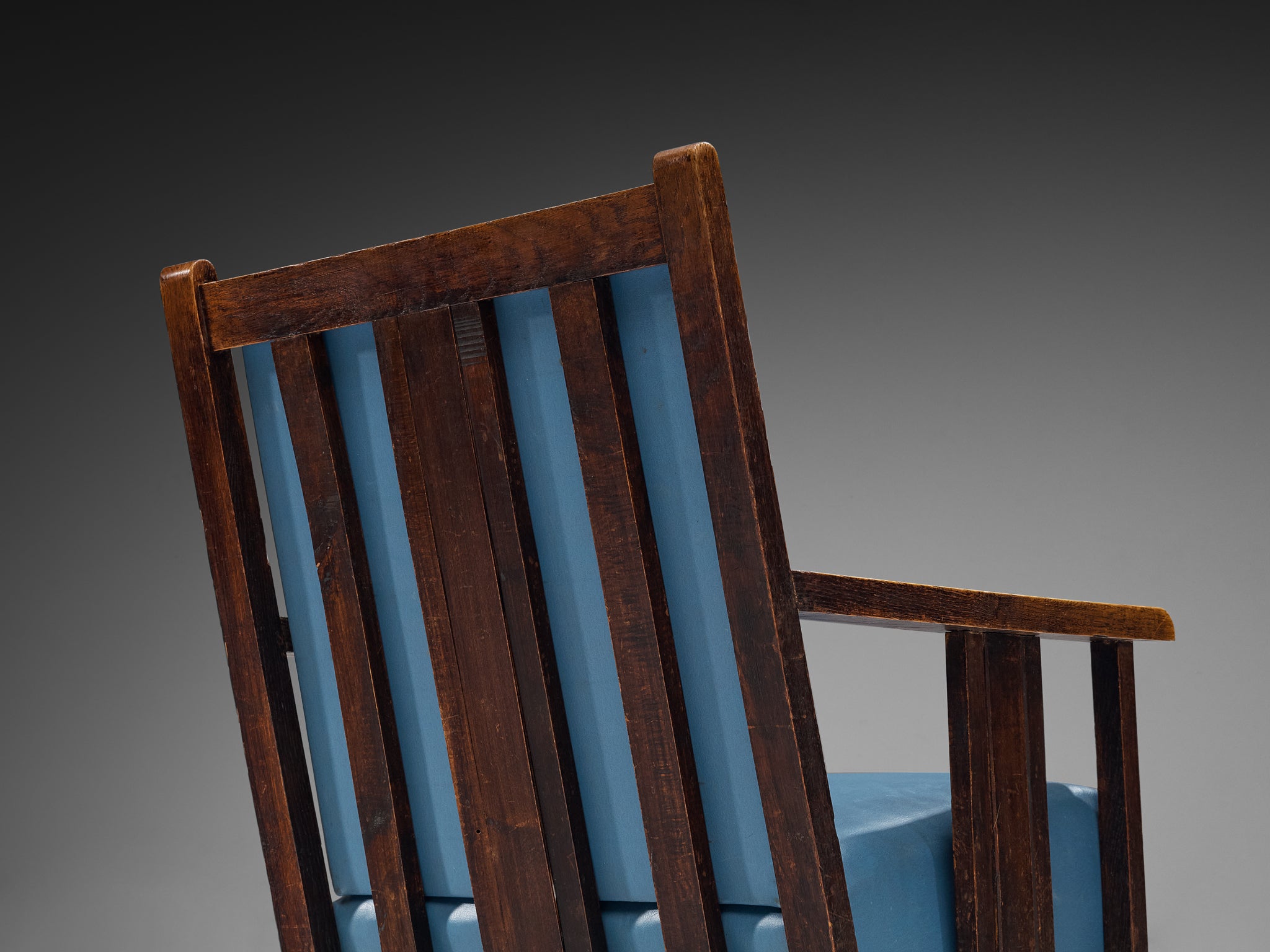 Pair of Dutch Amsterdam School Oak Lounge Chairs in Oak and Blue Leatherette
