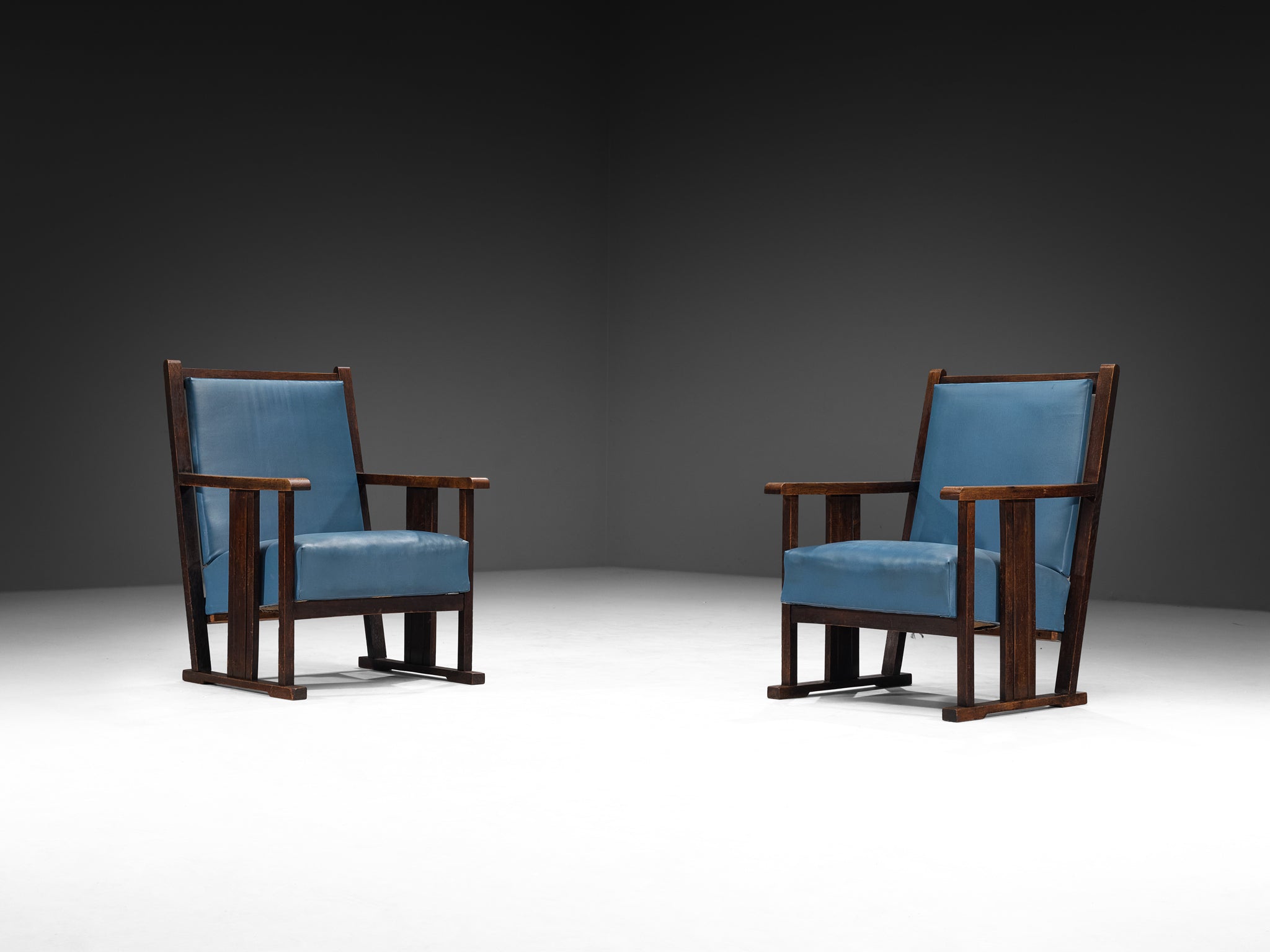 Pair of Dutch Amsterdam School Oak Lounge Chairs in Oak and Blue Leatherette