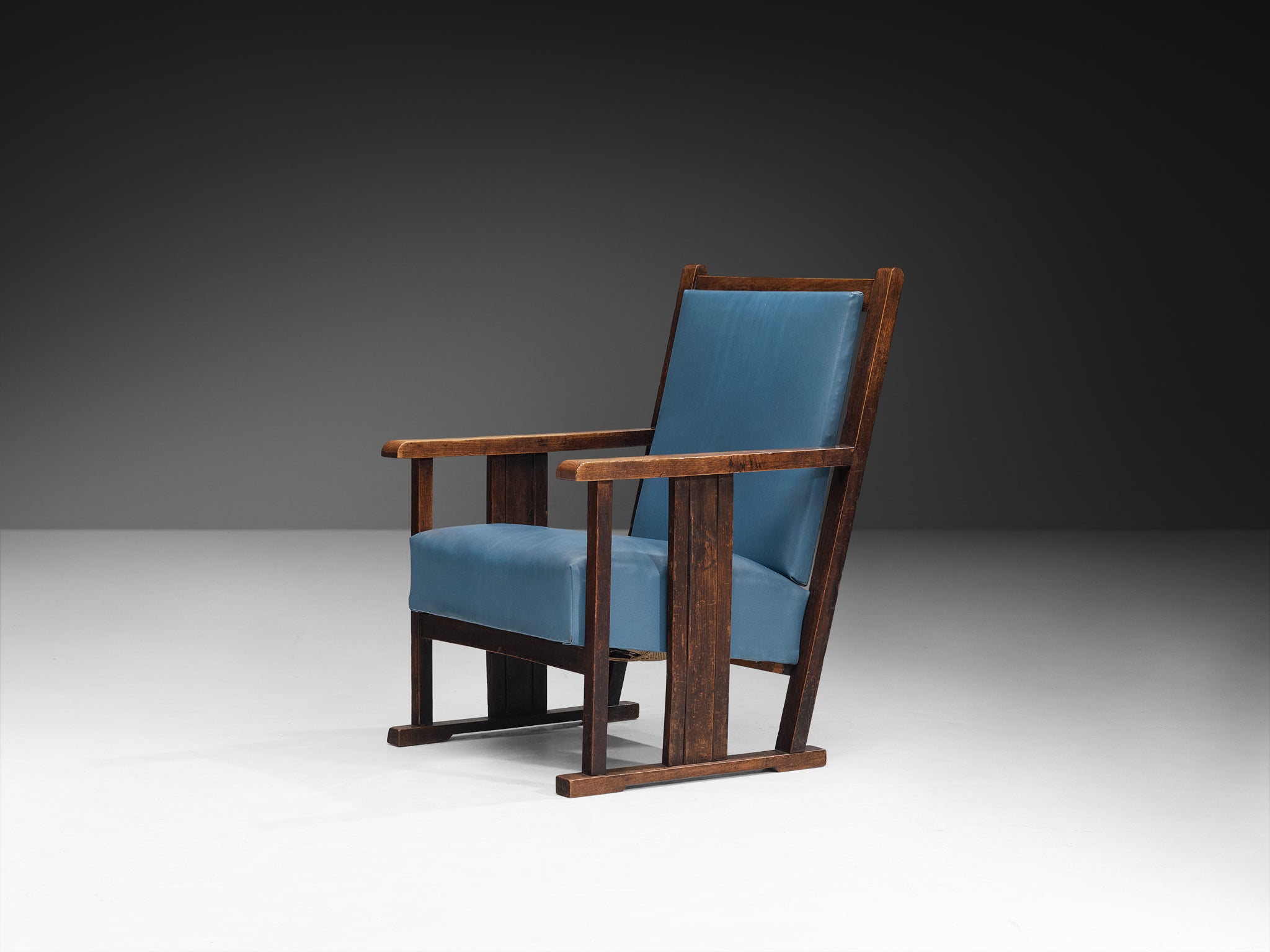 Pair of Dutch Amsterdam School Oak Lounge Chairs in Oak and Blue Leatherette