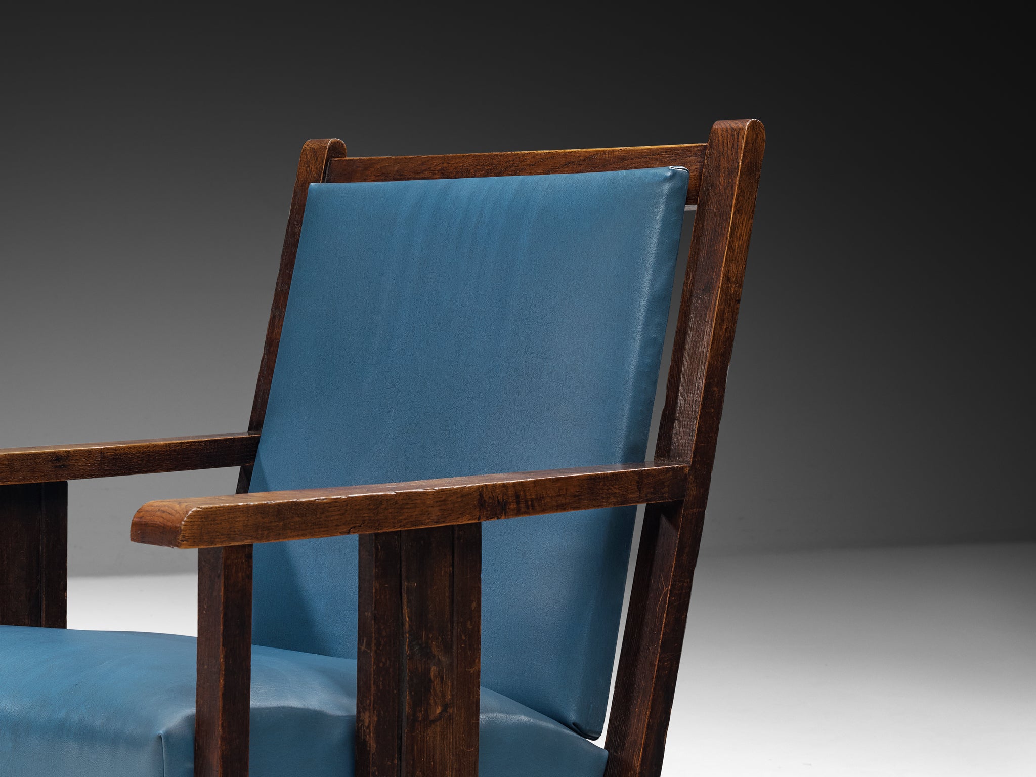 Pair of Dutch Amsterdam School Oak Lounge Chairs in Oak and Blue Leatherette