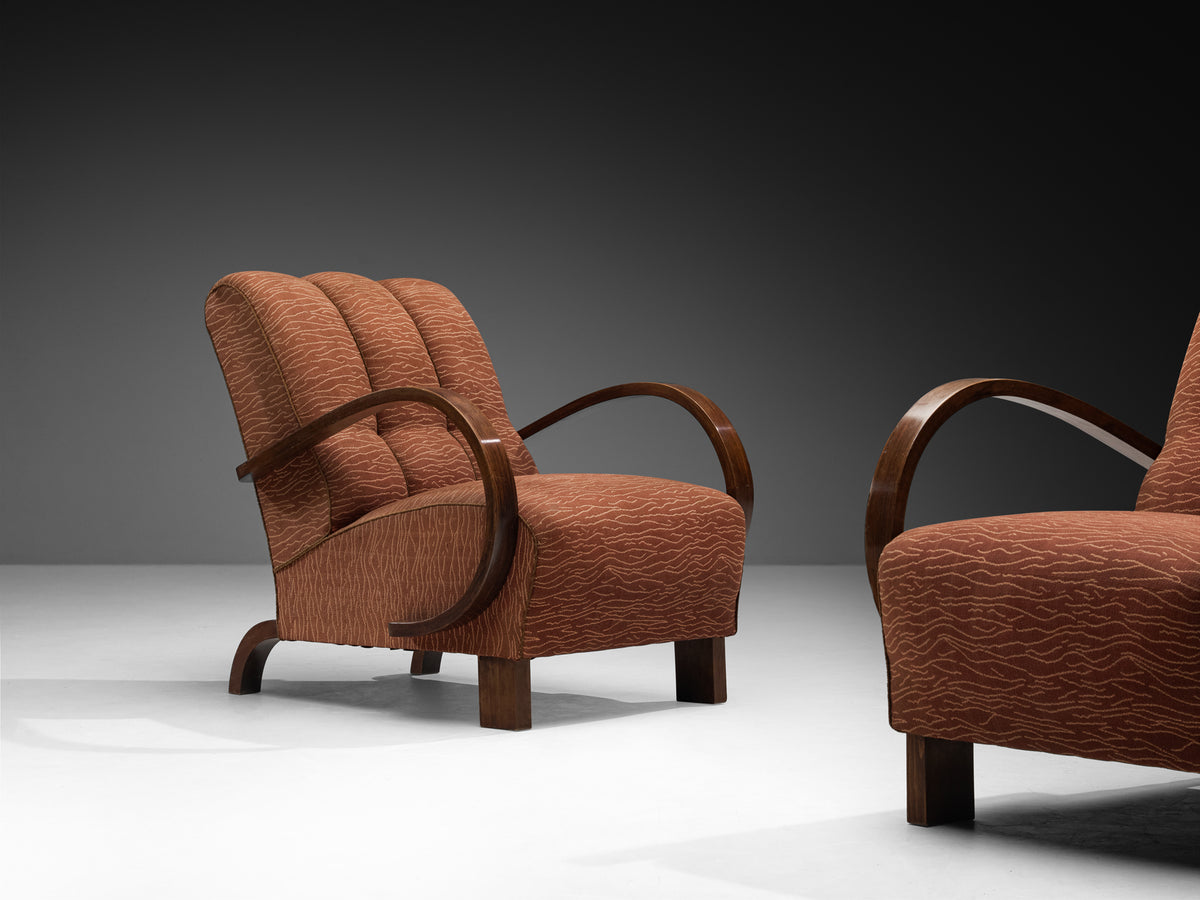 Streamlined Art Deco Lounge Chairs in Terracotta Motif Fabric Seating Morentz