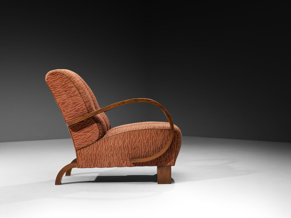 Streamlined Art Deco Lounge Chairs in Terracotta Motif Fabric Seating Morentz