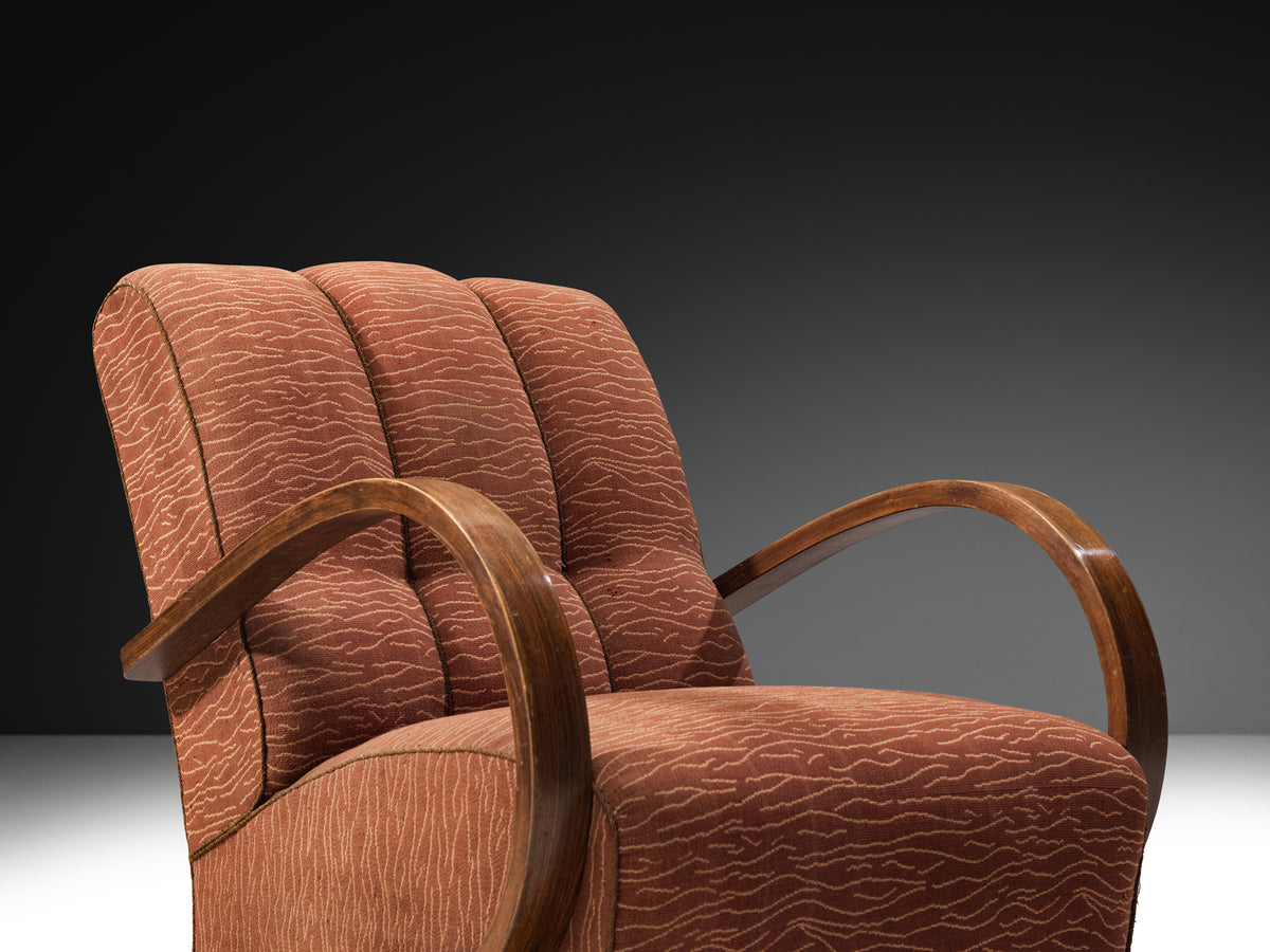 Streamlined Art Deco Lounge Chairs in Terracotta Motif Fabric Seating Morentz