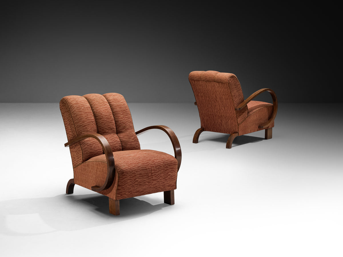Streamlined Art Deco Lounge Chairs in Terracotta Motif Fabric Seating Morentz