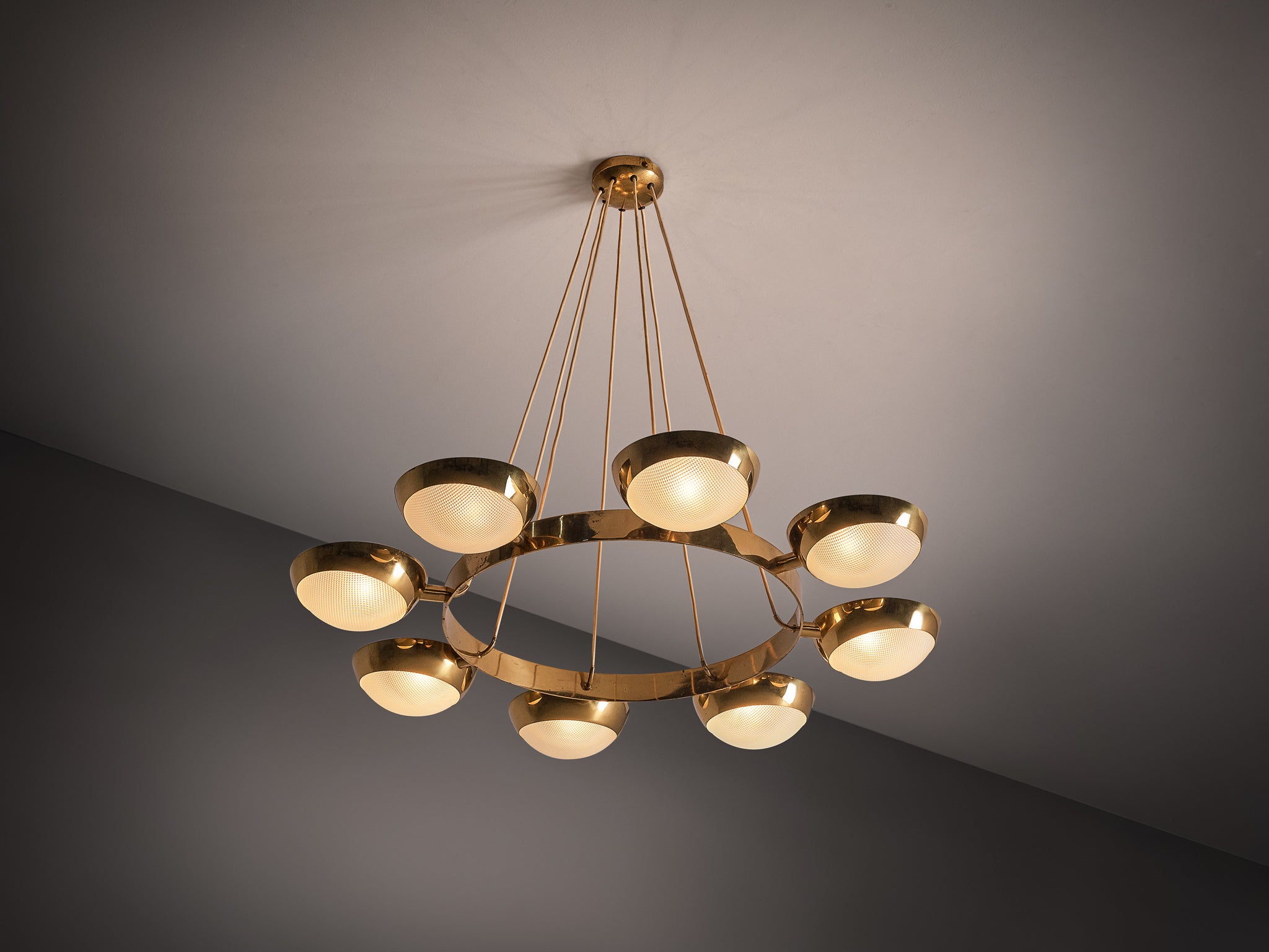Italian Mid-Century Modern Chandelier in Brass, Prismatic Glass in 104cm/40.94in Lighting Morentz