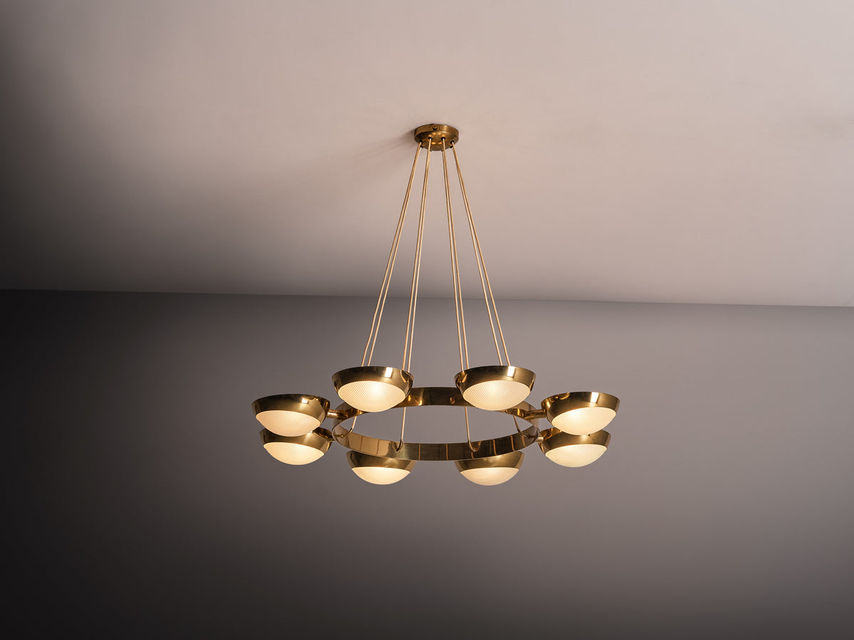 Italian Stilnovo Chandelier in Brass, Prismatic Glass in 104cm/40.94in Lighting Morentz