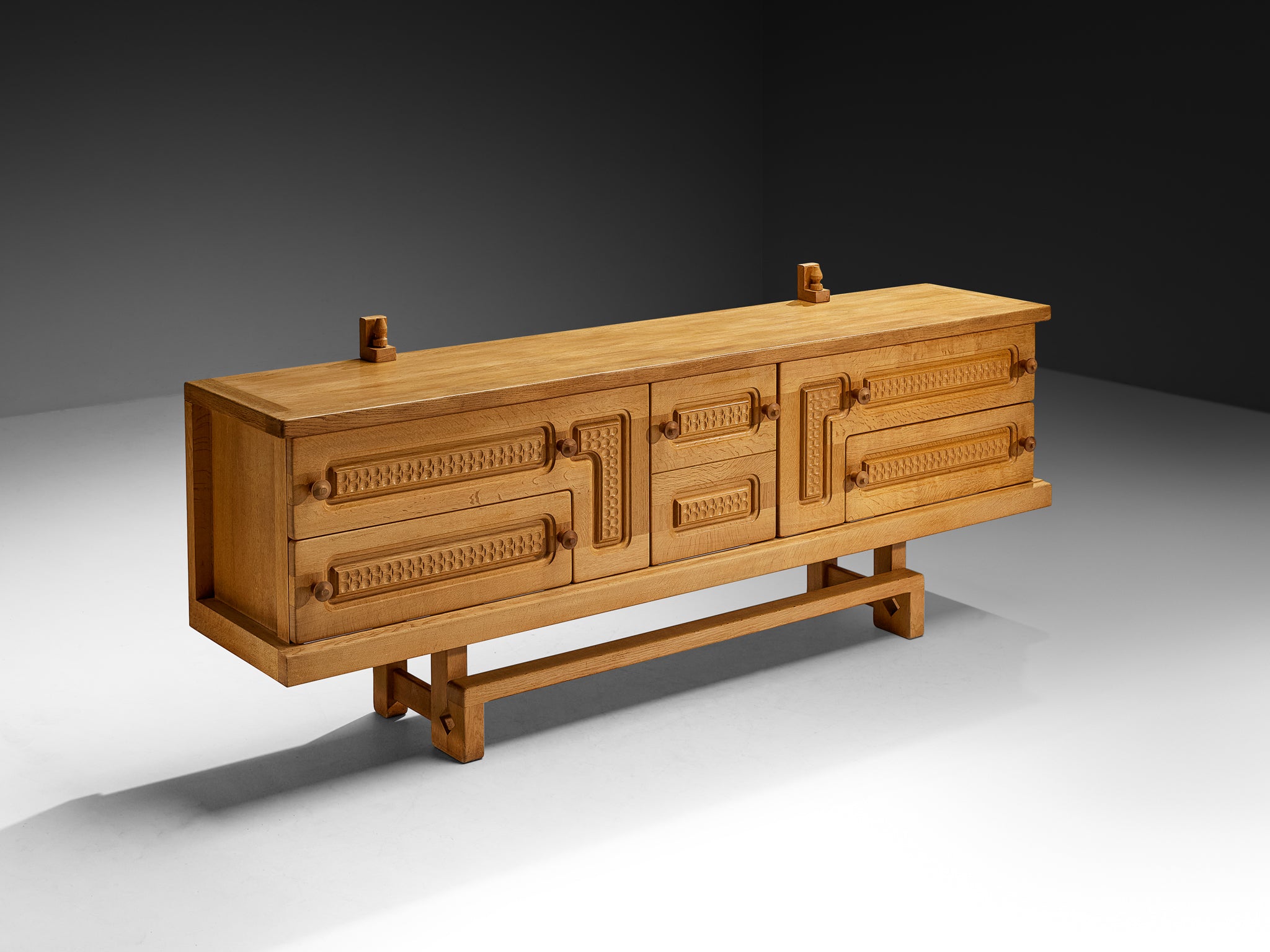 Guillerme & Chambron Angular Carved Sideboard in Solid Oak Case pieces and storage cabinets Morentz