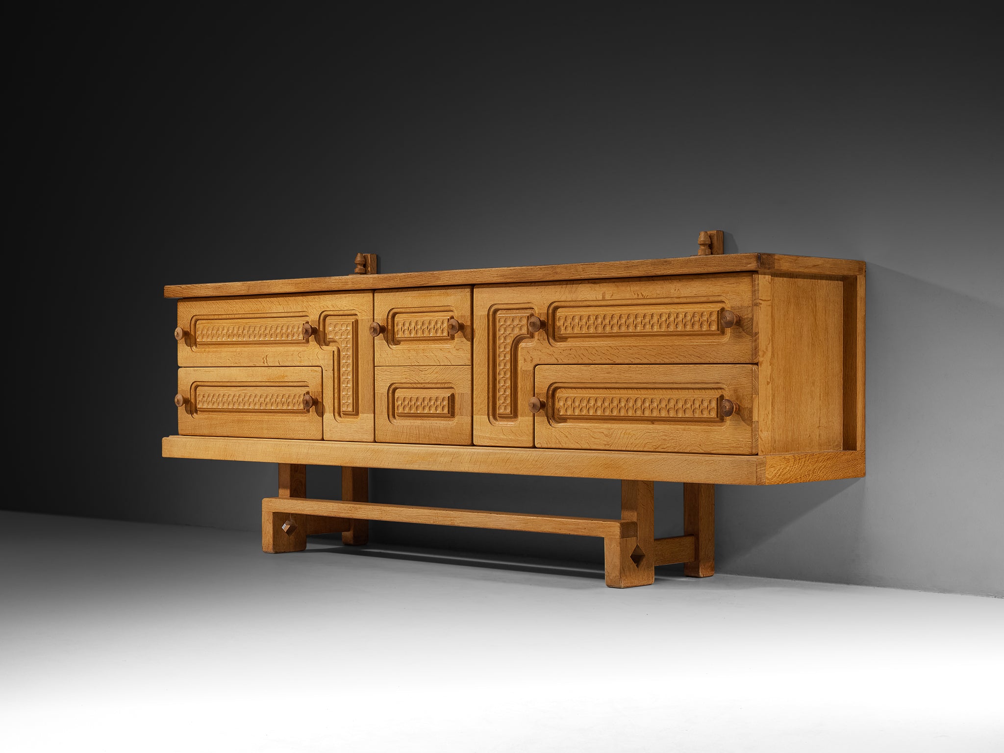 Guillerme & Chambron Angular Carved Sideboard in Solid Oak Case pieces and storage cabinets Morentz