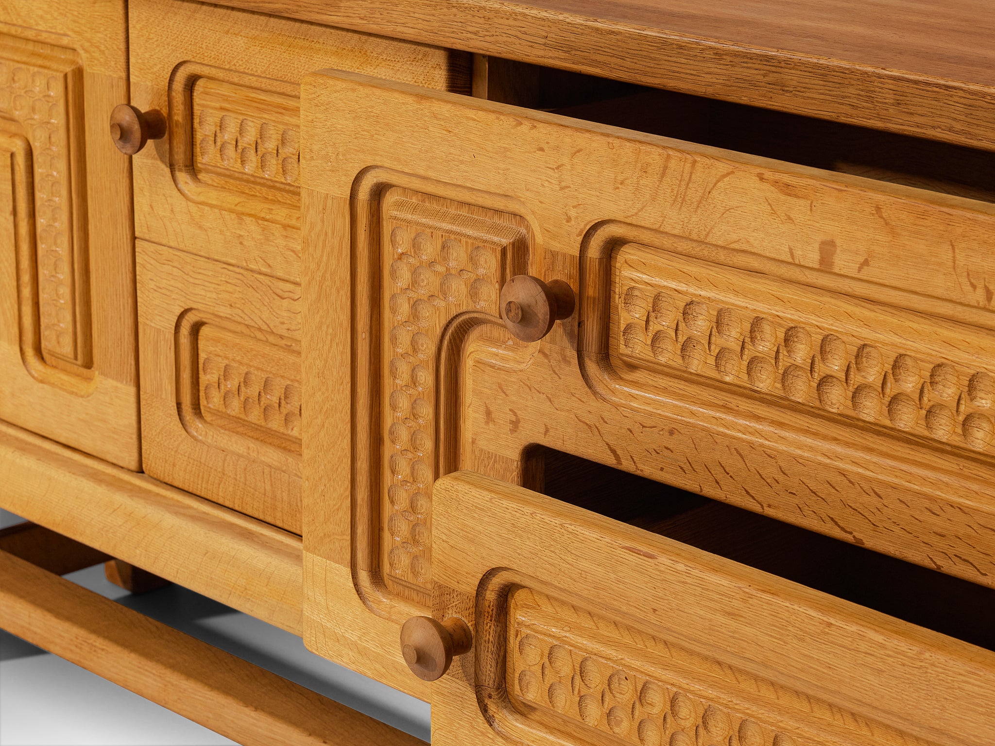 Guillerme & Chambron Angular Carved Sideboard in Solid Oak Case pieces and storage cabinets Morentz