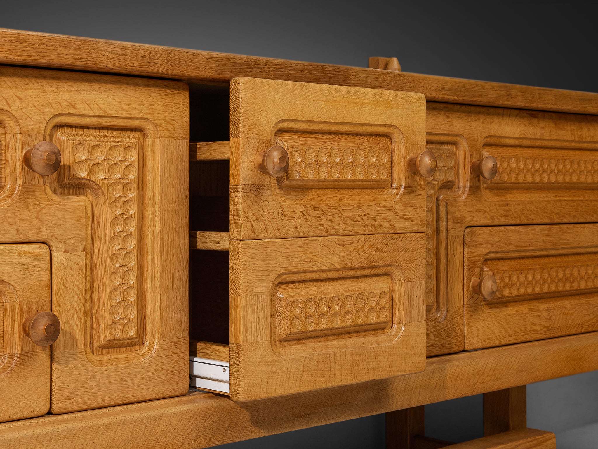 Guillerme & Chambron Angular Carved Sideboard in Solid Oak Case pieces and storage cabinets Morentz