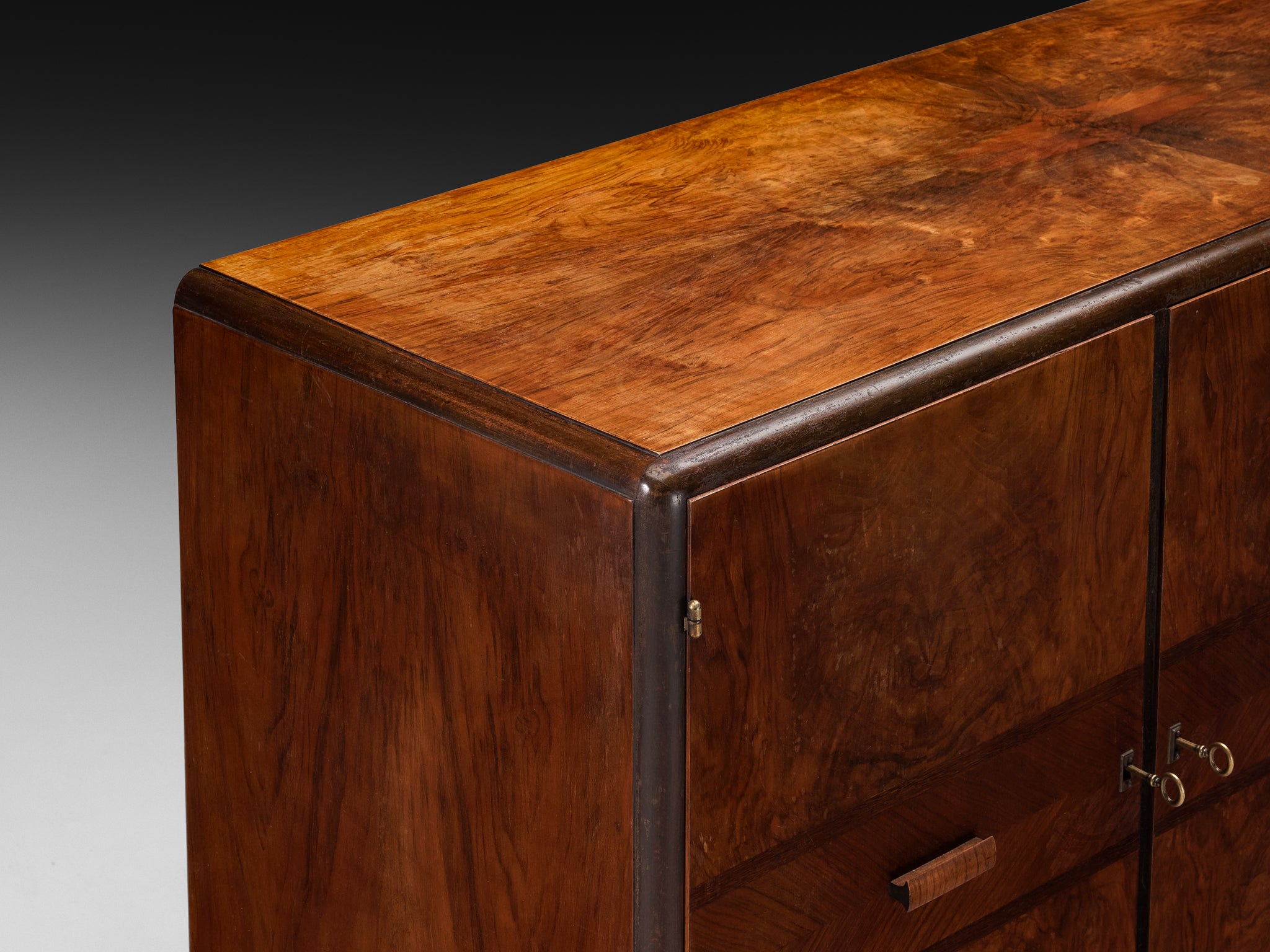 1930s Italian Art Deco Sideboards in Bookmatched Walnut Burl Case pieces and storage cabinets Morentz