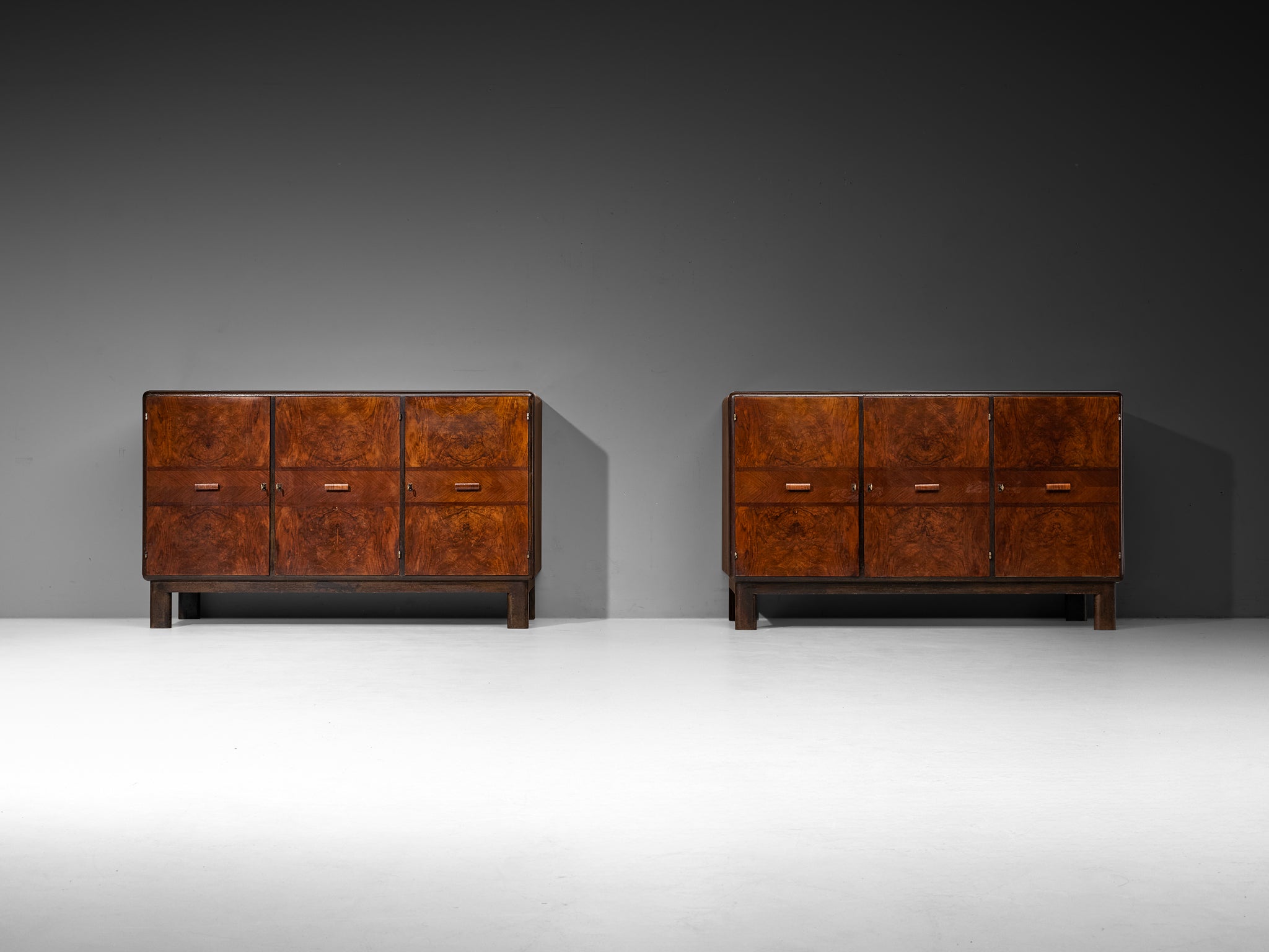 1930s Italian Art Deco Sideboards in Bookmatched Walnut Burl Case pieces and storage cabinets Morentz