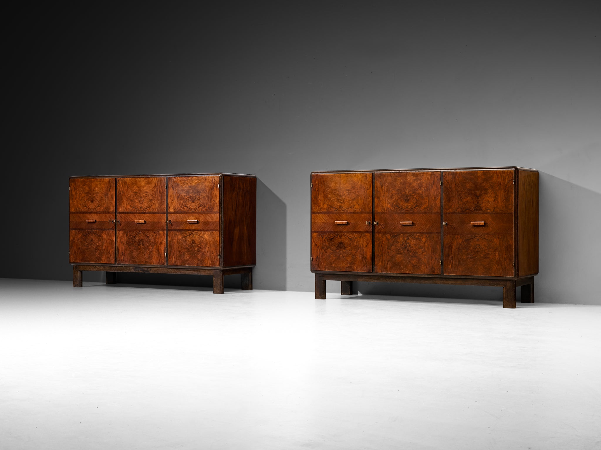 1930s Italian Art Deco Sideboards in Bookmatched Walnut Burl Case pieces and storage cabinets Morentz