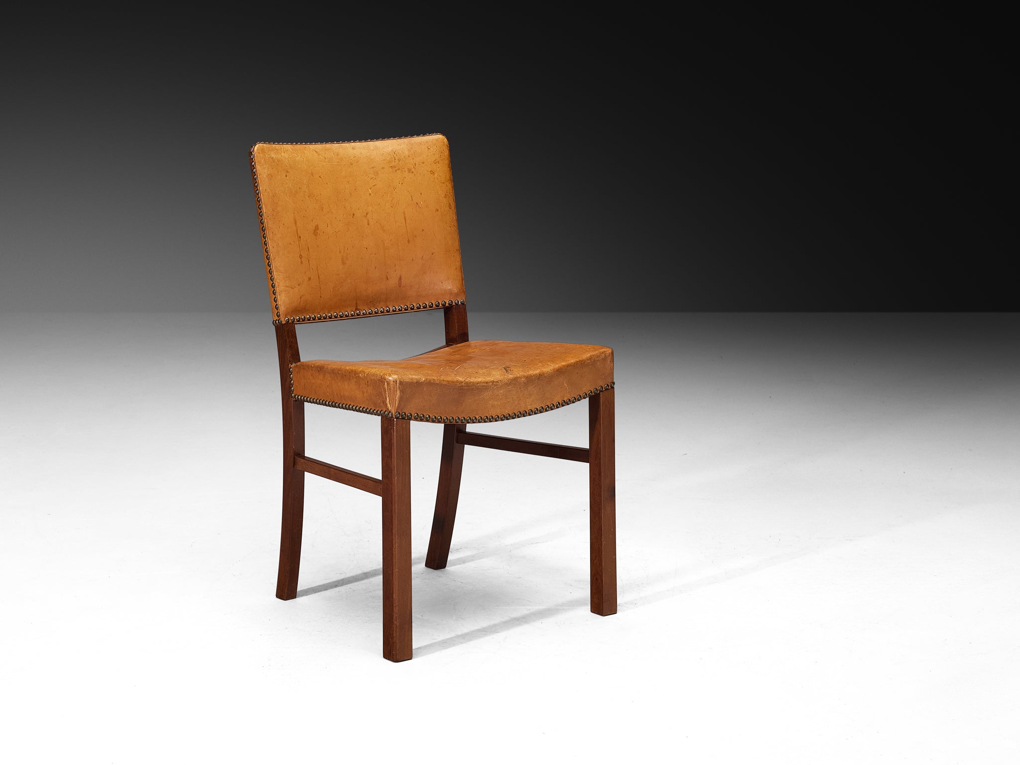 Set of Four Dining Chairs in Original Patinated Cognac Leather and Teak