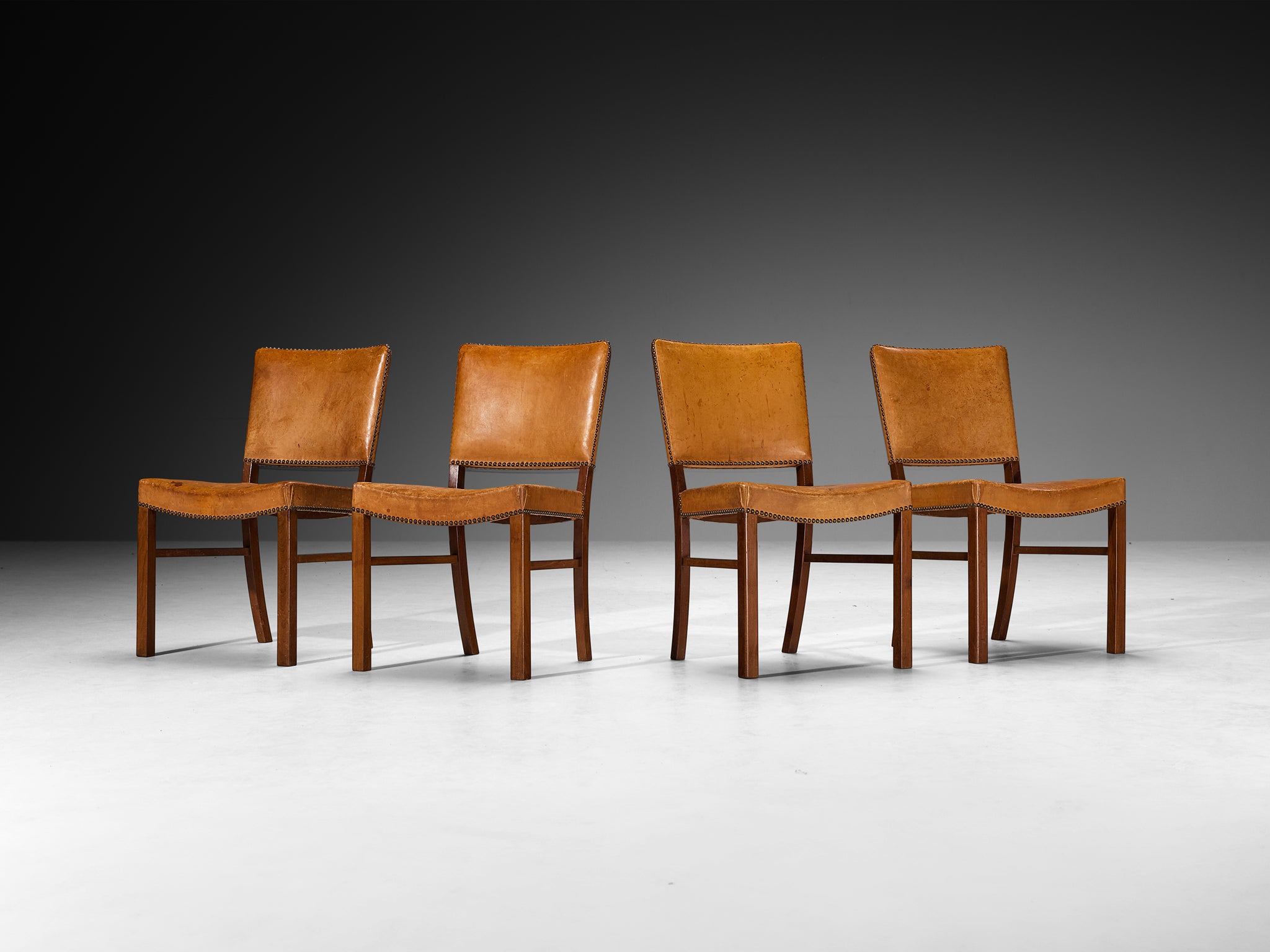 Set of Four Dining Chairs in Original Patinated Cognac Leather and Teak