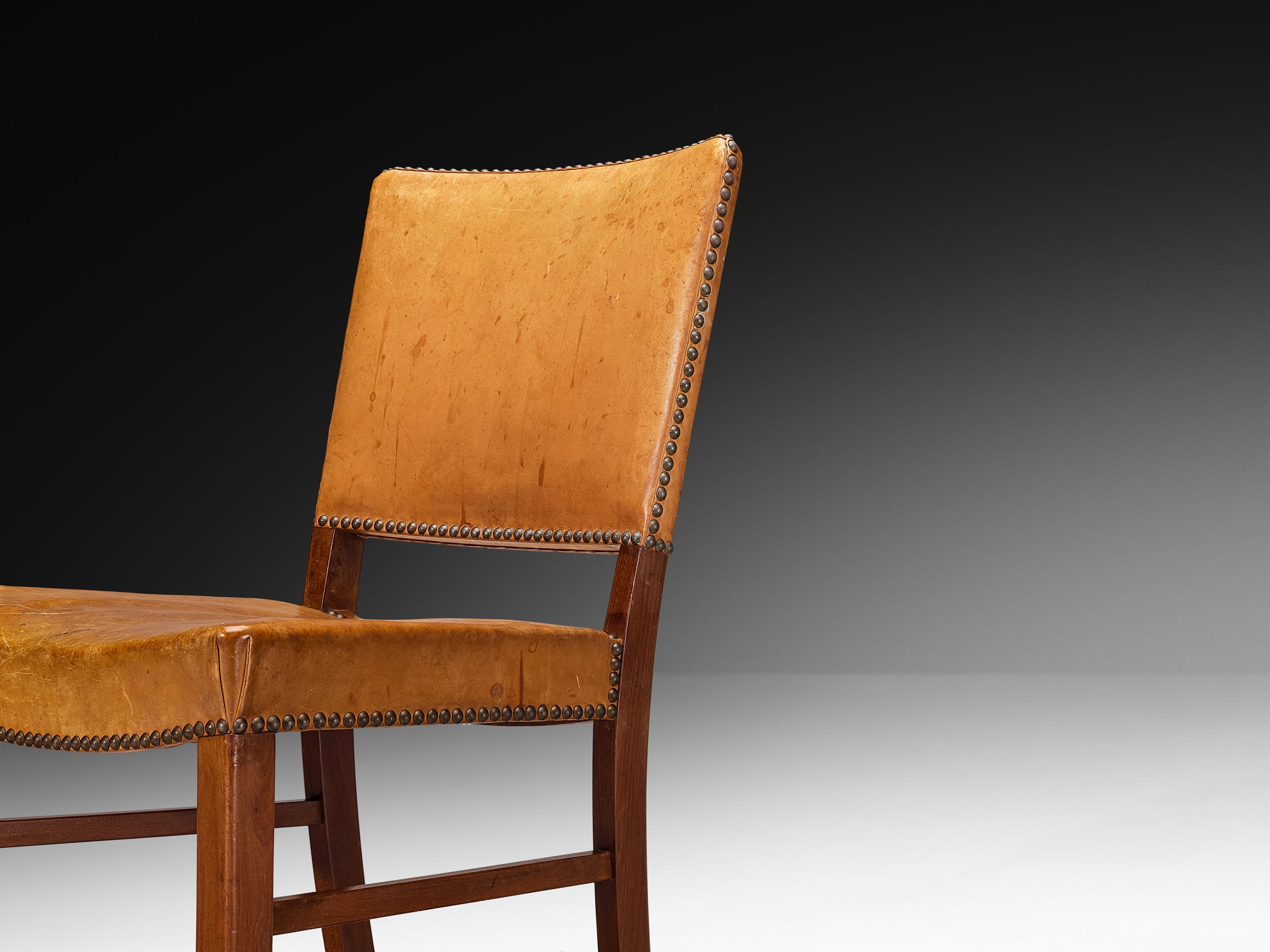 Set of Four Dining Chairs in Original Patinated Cognac Leather and Teak