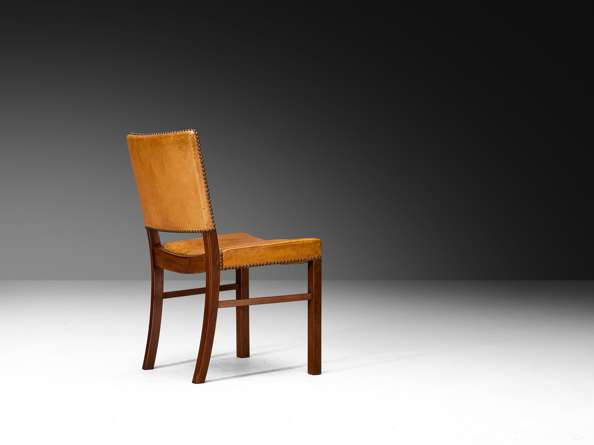 Set of Four Dining Chairs in Original Patinated Cognac Leather and Teak