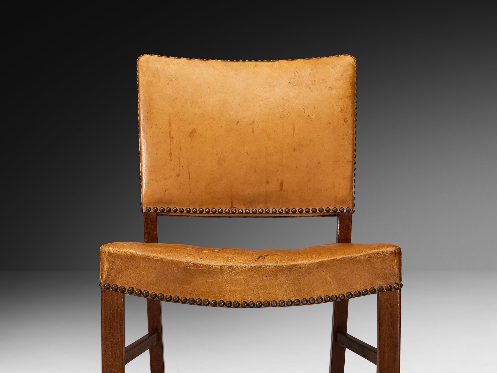 Set of Four Dining Chairs in Original Patinated Cognac Leather and Teak