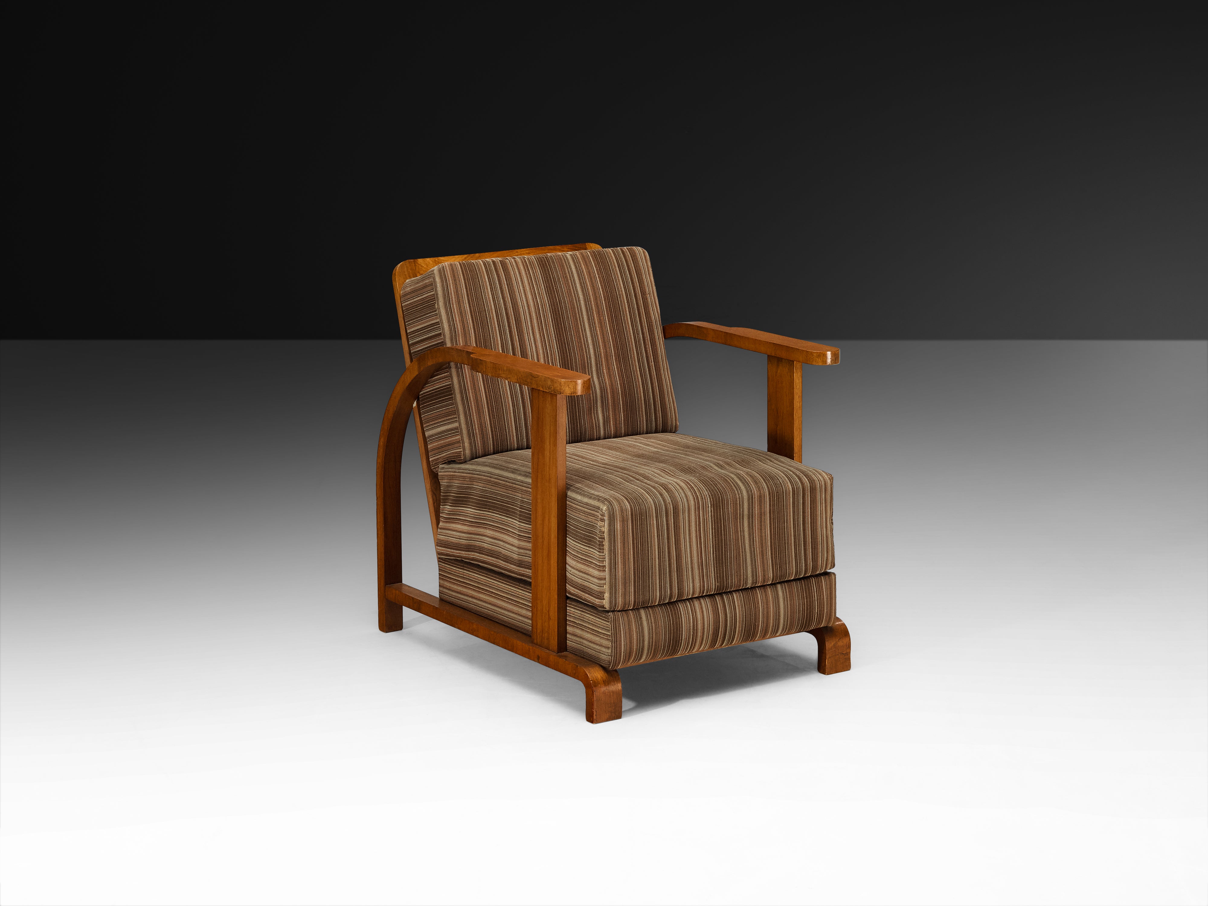 Pair of Art Deco Lounge Chairs in Walnut and Striped Fabric Seating Morentz