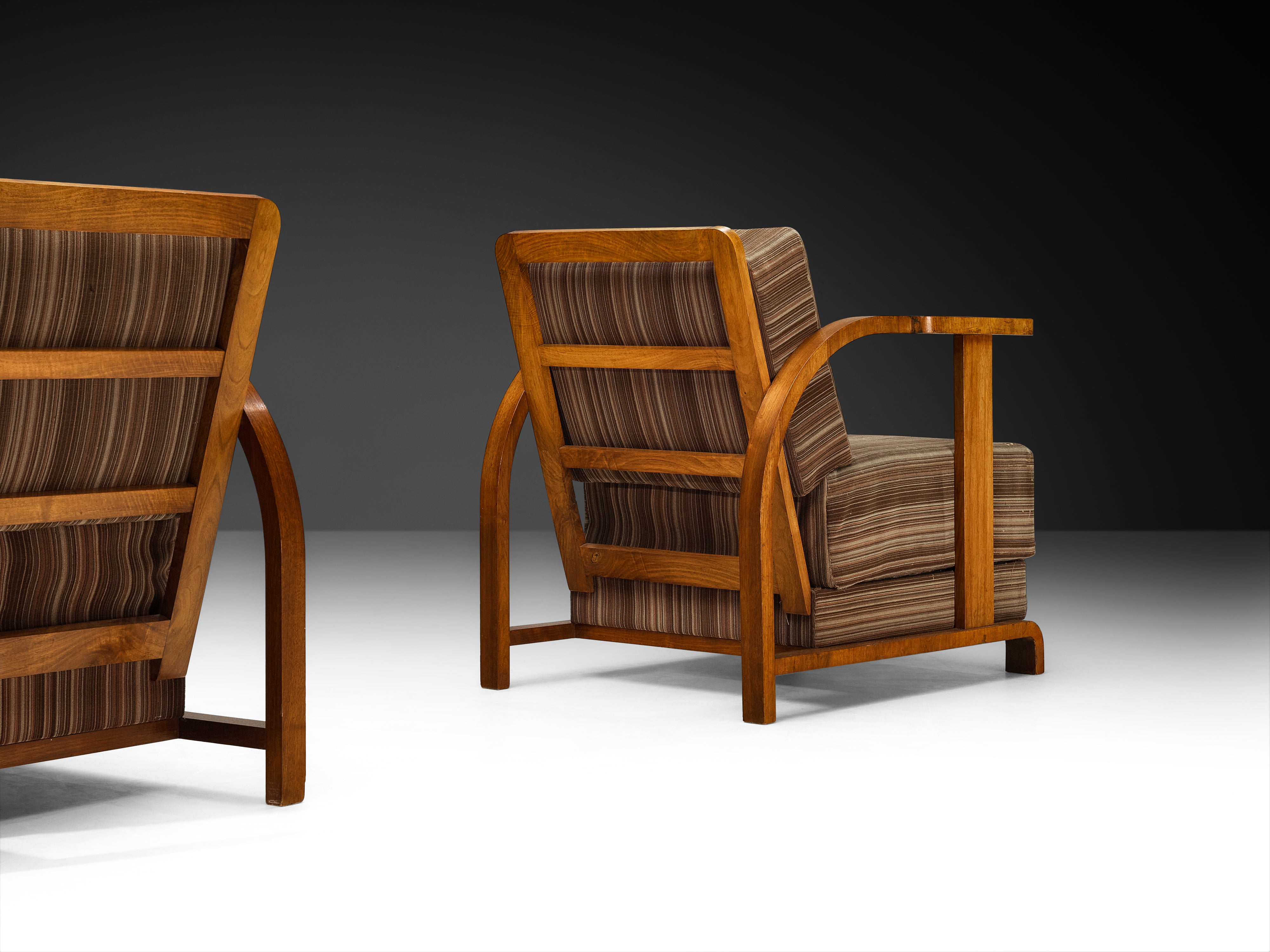 Pair of Art Deco Lounge Chairs in Walnut and Striped Fabric Seating Morentz