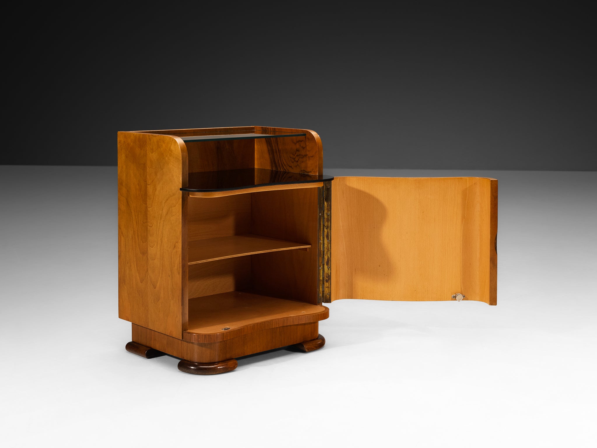 Pair of Italian Art Deco Curved Front Nightstands in Walnut and Glass More Furniture and Collectibles Morentz