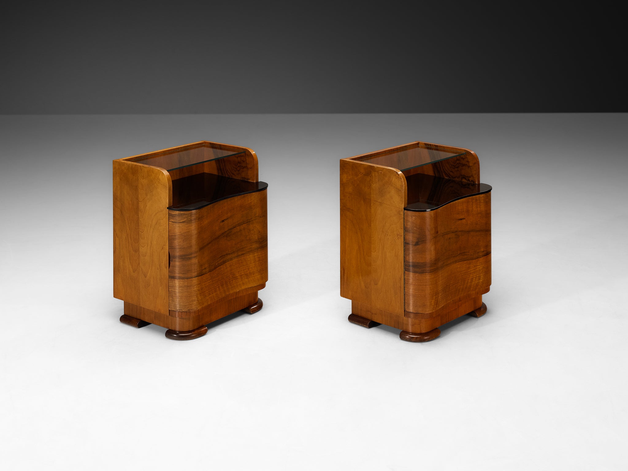 Pair of Italian Art Deco Curved Front Nightstands in Walnut and Glass More Furniture and Collectibles Morentz