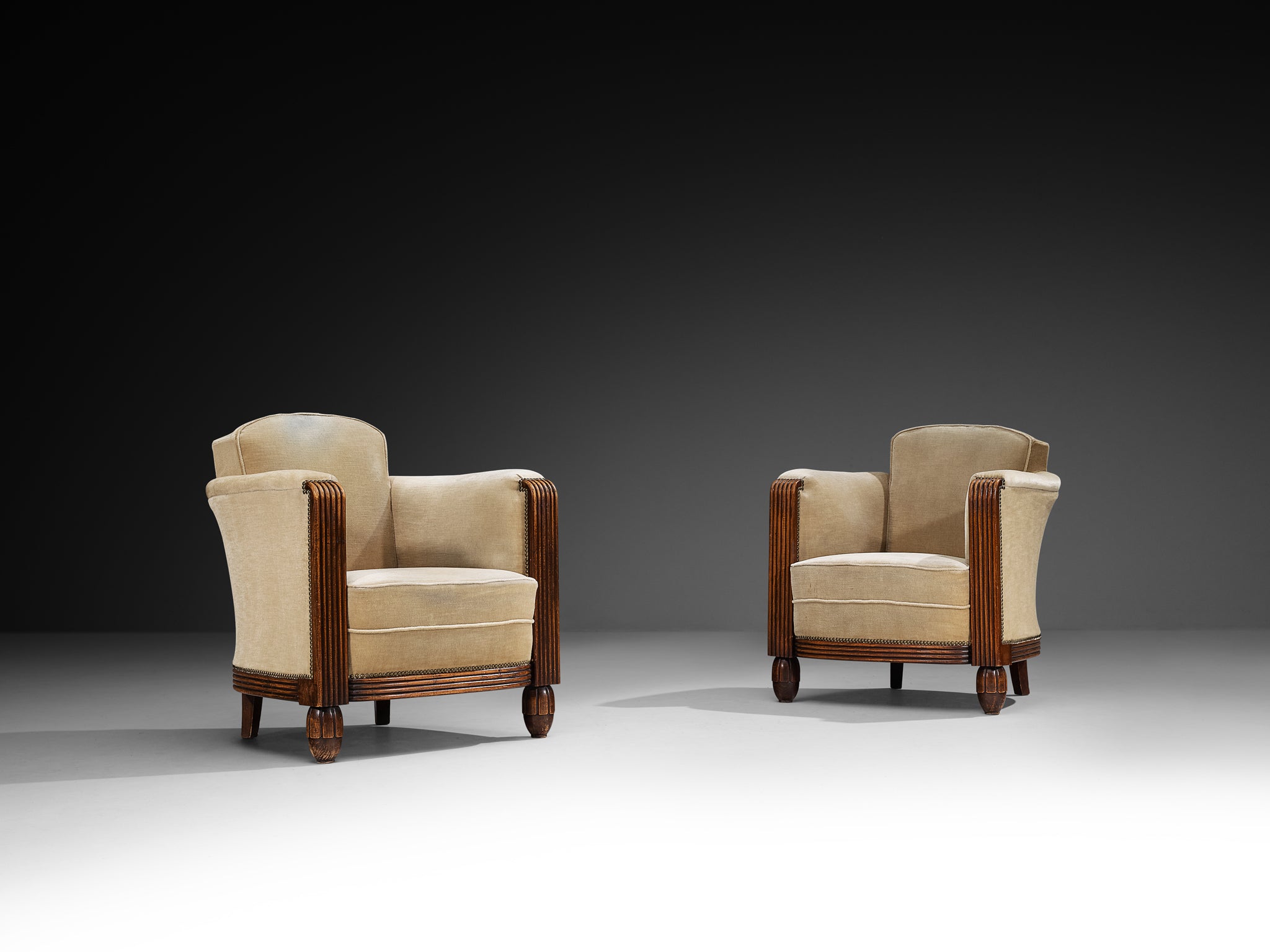 Elegant Art Deco Lounge Chairs in Wood and Taupe Velvet Carved Fluted Feet Seating Morentz