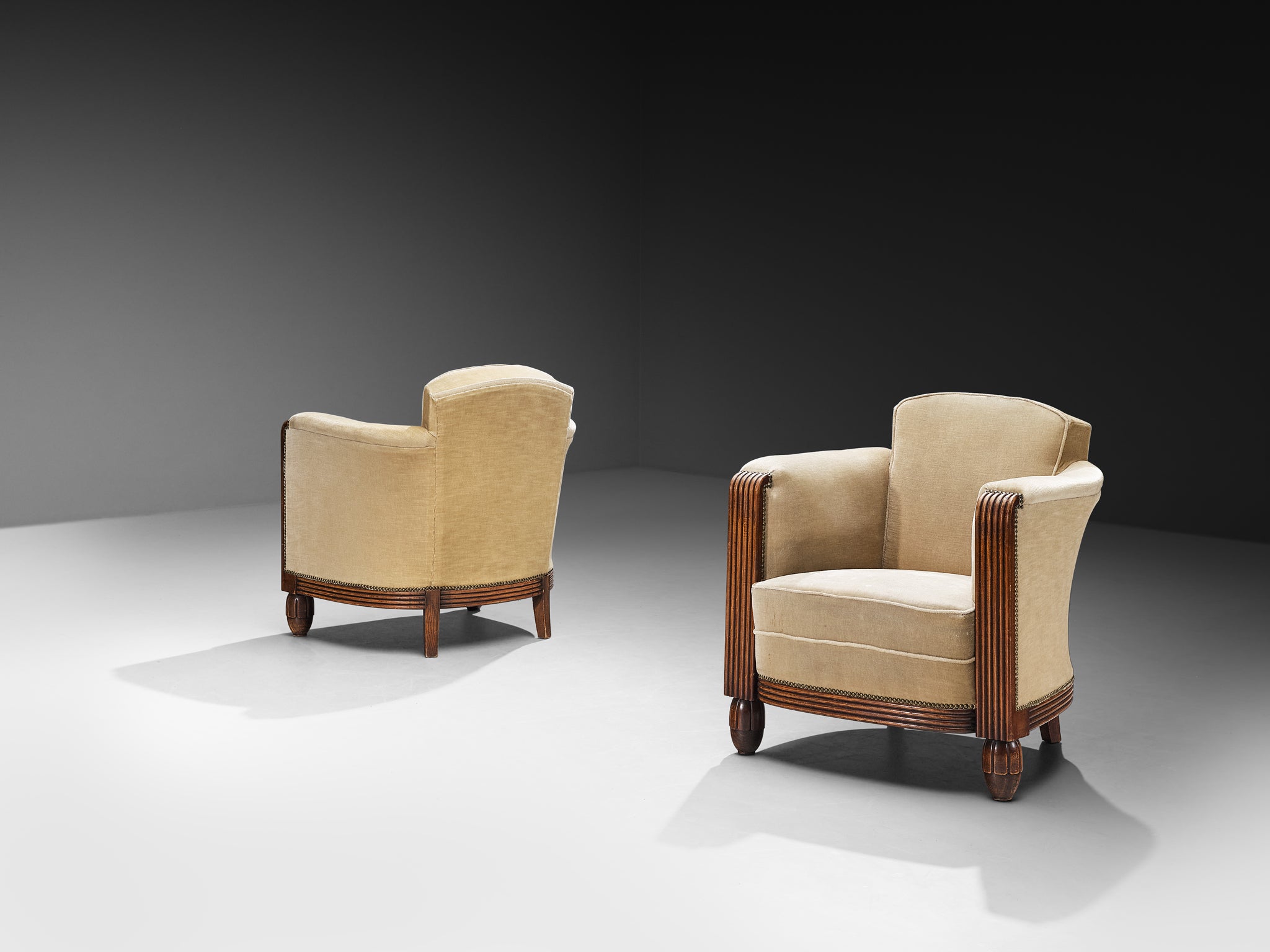 Elegant Art Deco Lounge Chairs in Wood and Taupe Velvet Carved Fluted Feet Seating Morentz