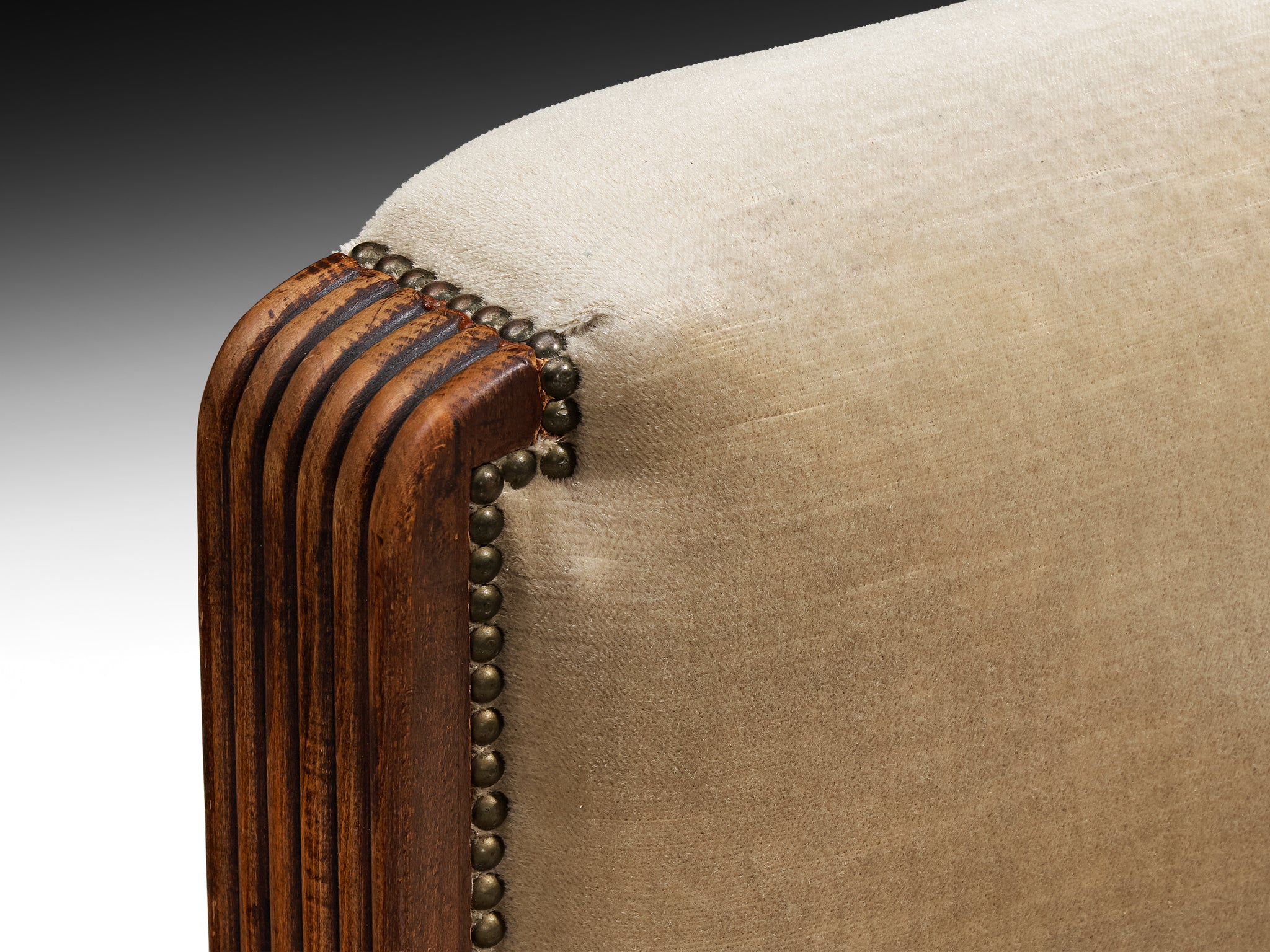 Elegant Art Deco Lounge Chairs in Wood and Taupe Velvet Carved Fluted Feet Seating Morentz