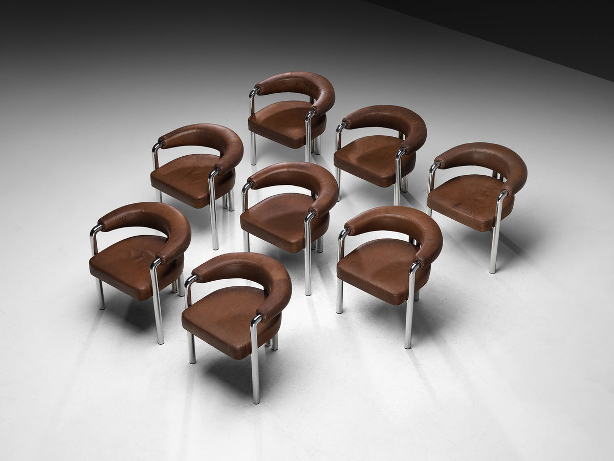 Nienkamper for De Sede Set of Eight Dining Chairs in Leather and Chromed Metal Seating Morentz
