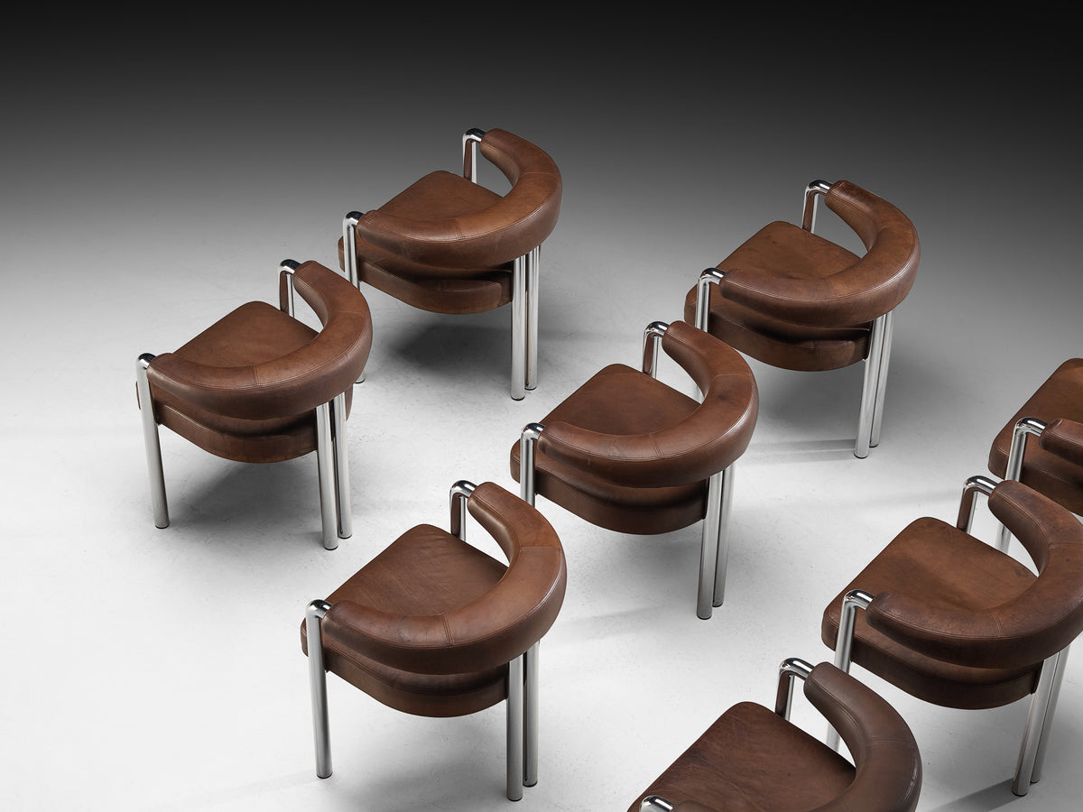 Nienkamper for De Sede Set of Eight Dining Chairs in Leather and Chromed Metal Seating Morentz